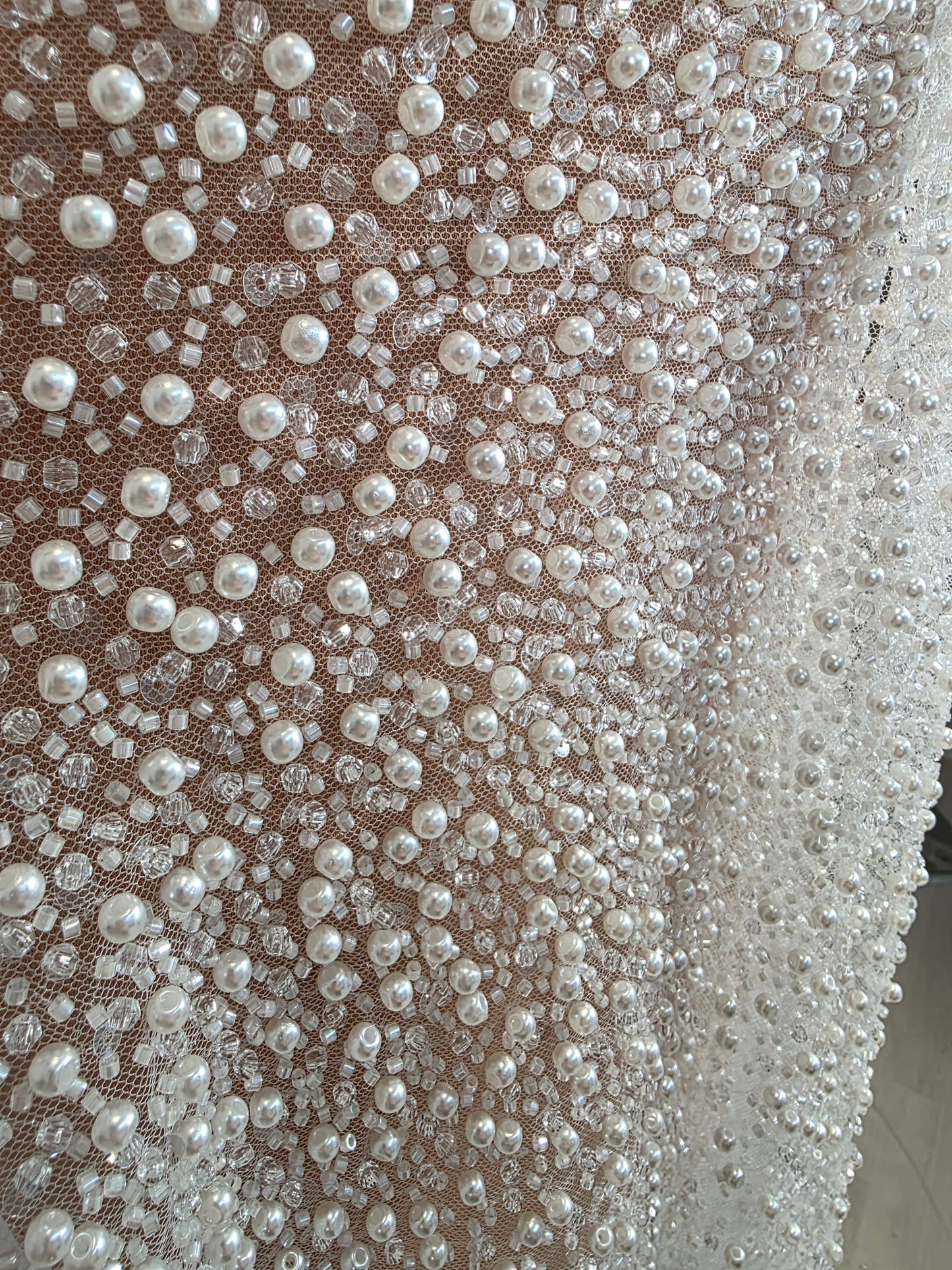LL-1576, high-end beaded bridal lace fabric in white color, starts at 0,5m