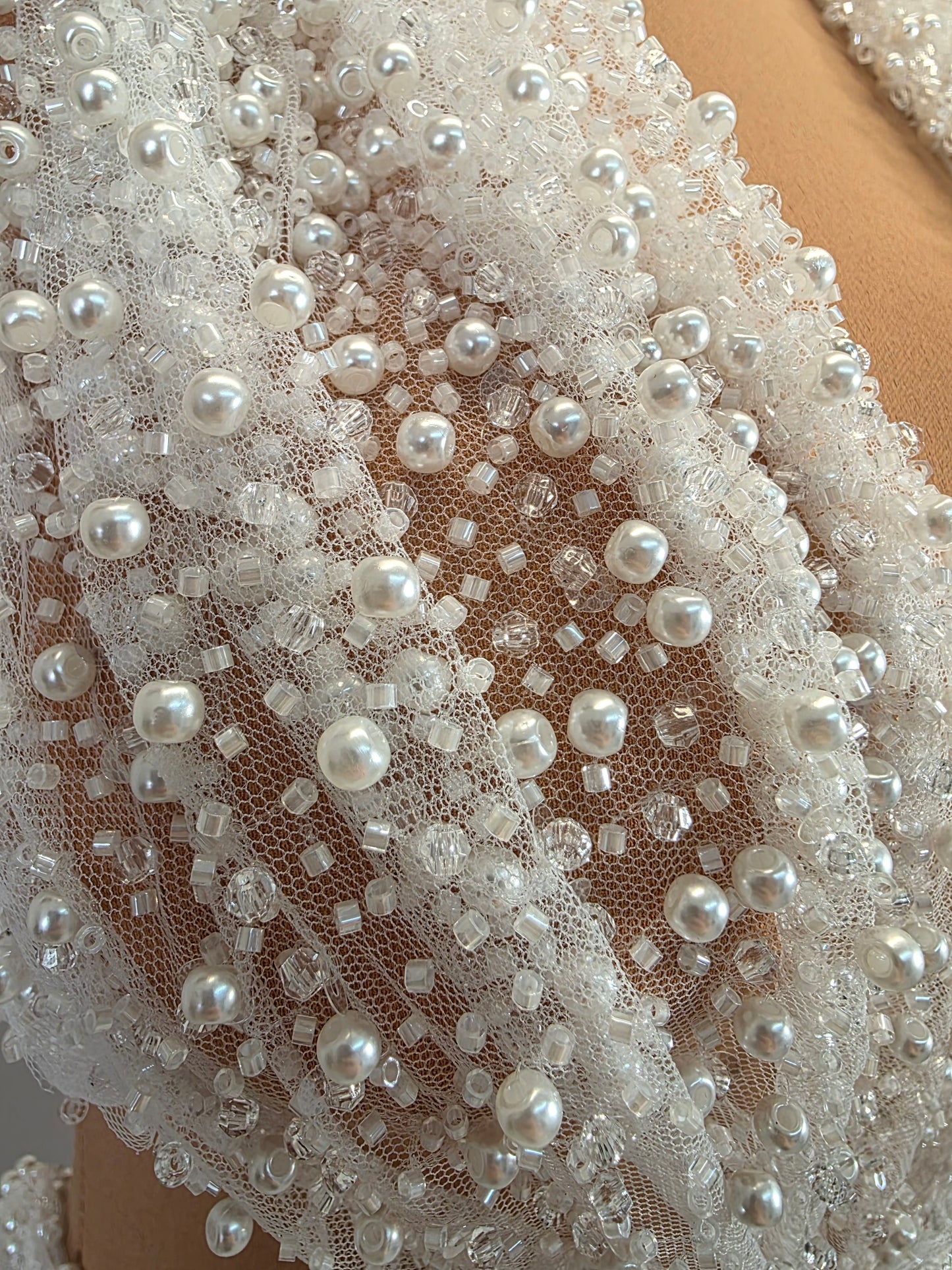 LL-1576, high-end beaded bridal lace fabric in white color, starts at 0,5m