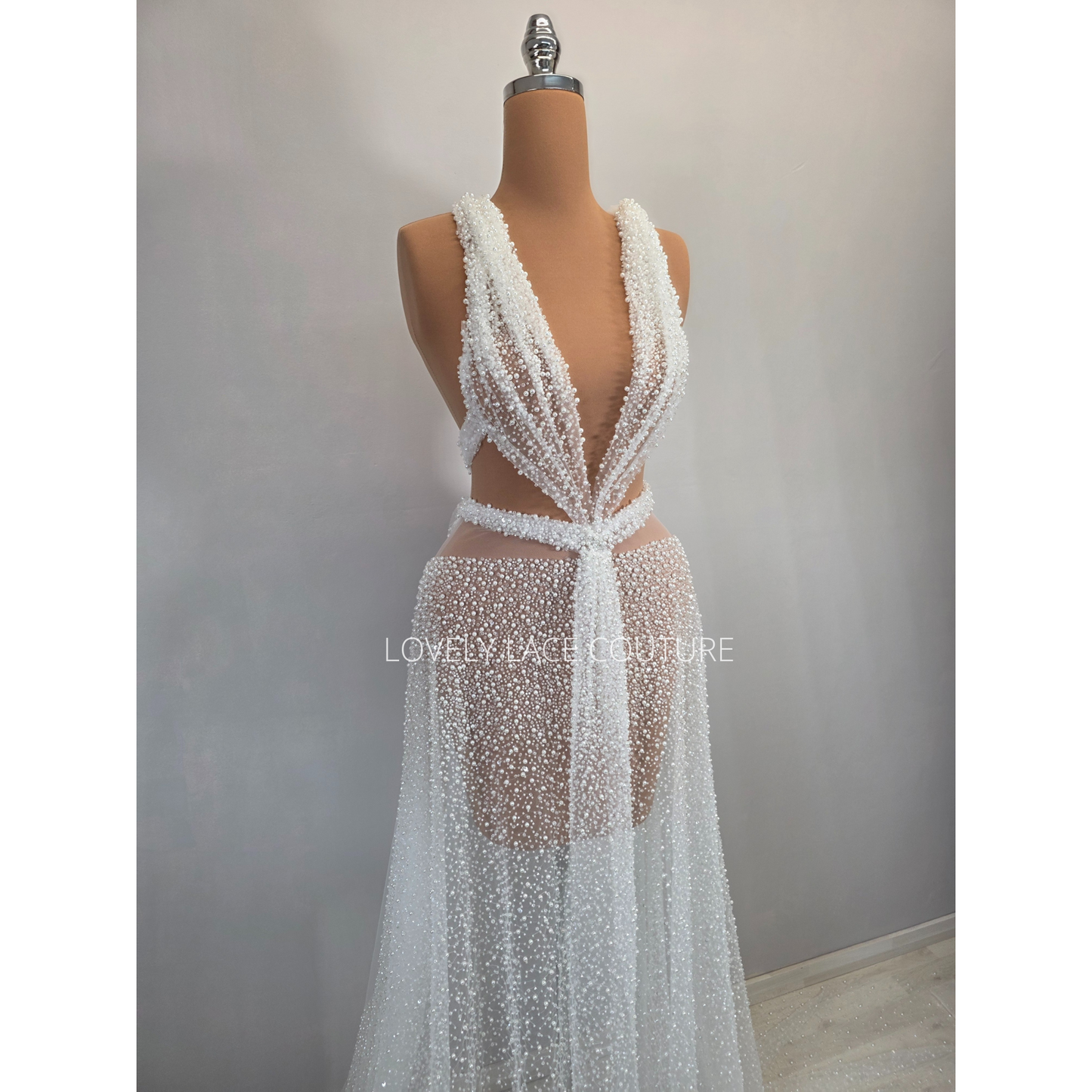 LL-1576, high-end beaded bridal lace fabric in white color, starts at 0,5m
