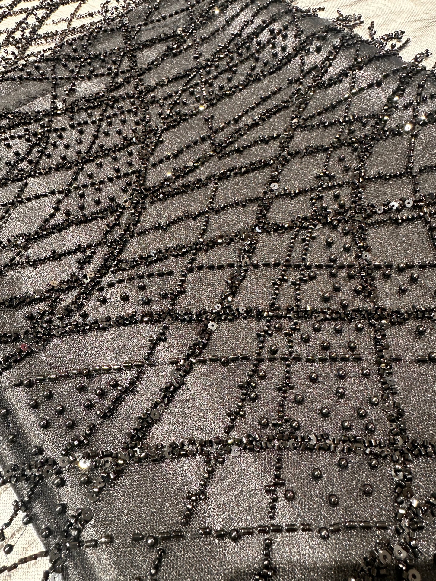 LL-1593, beaded black lace fabric with abstract wave design