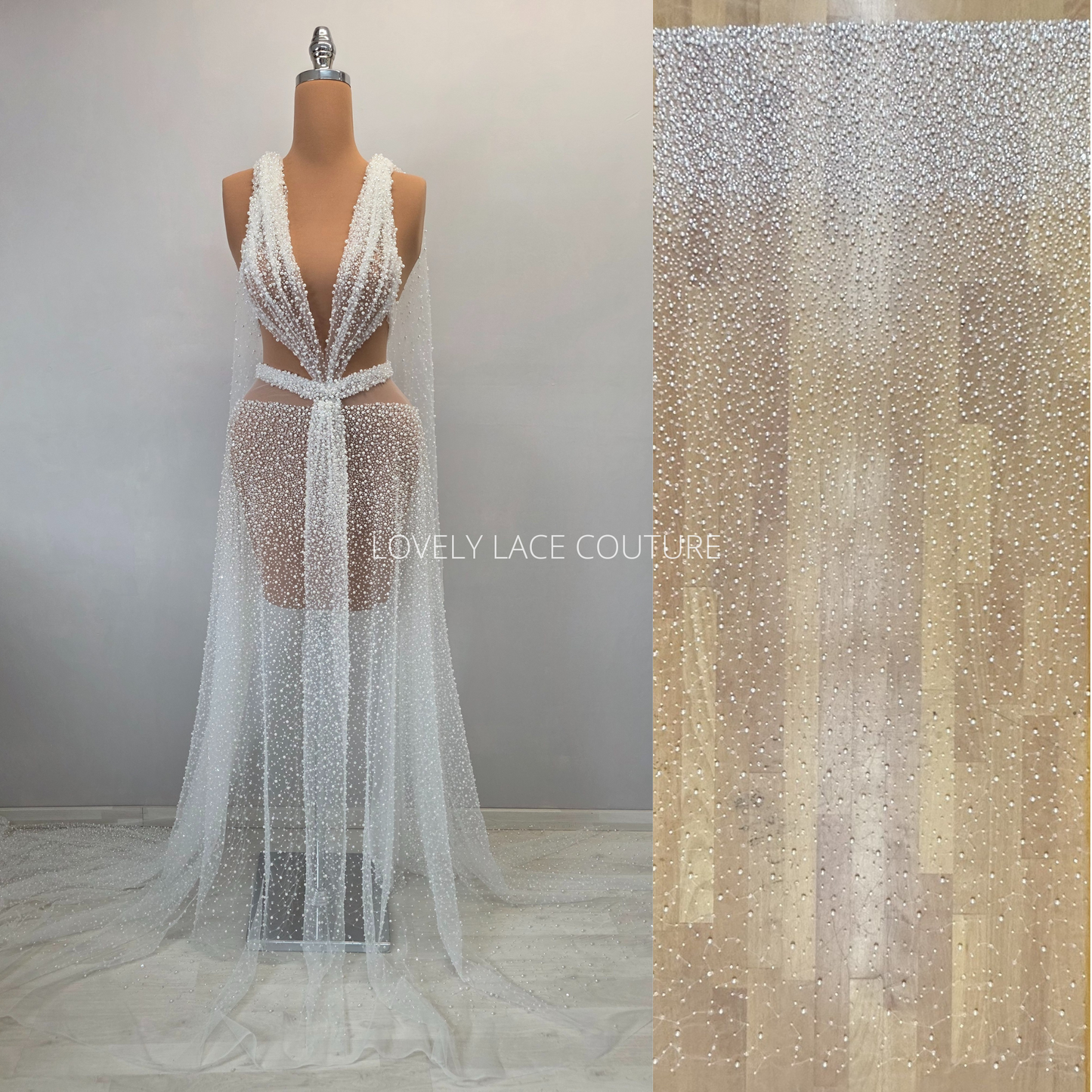 LL-1576, high-end beaded bridal lace fabric in white color, starts at 0,5m