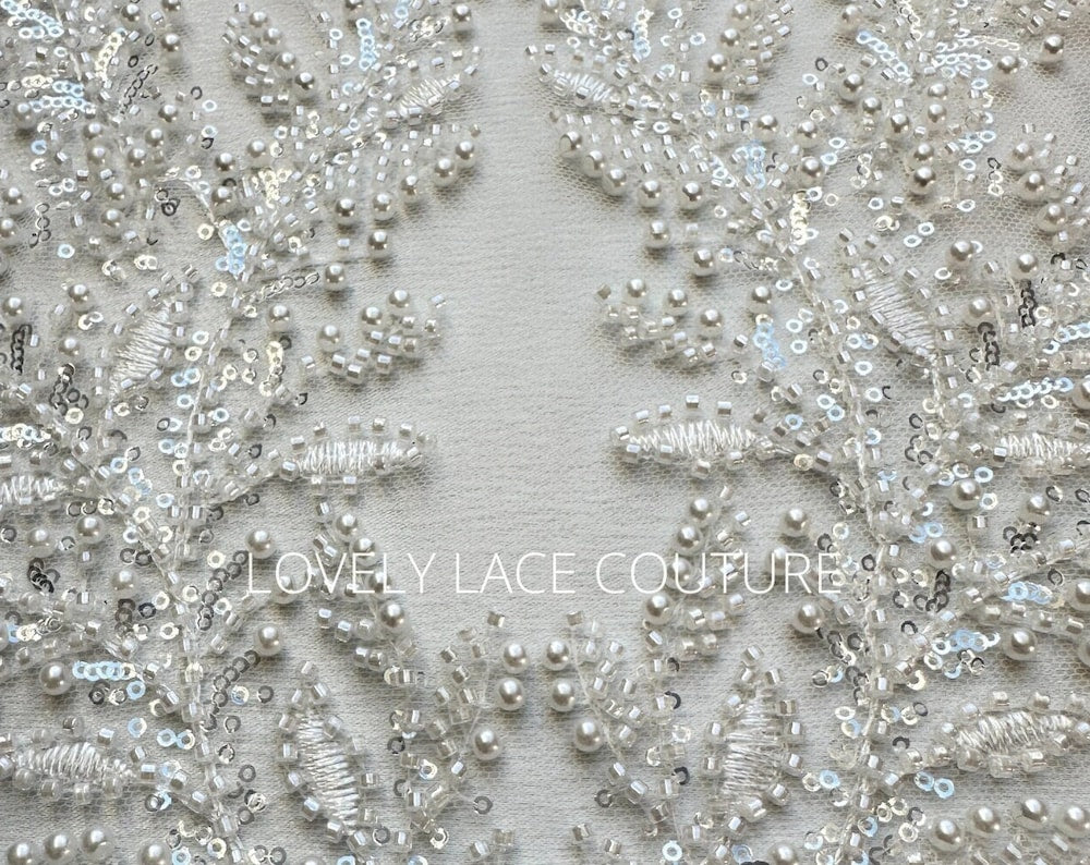 LL-1560, Exquisite bridal lace fabric with beads in off-white color with leaf design