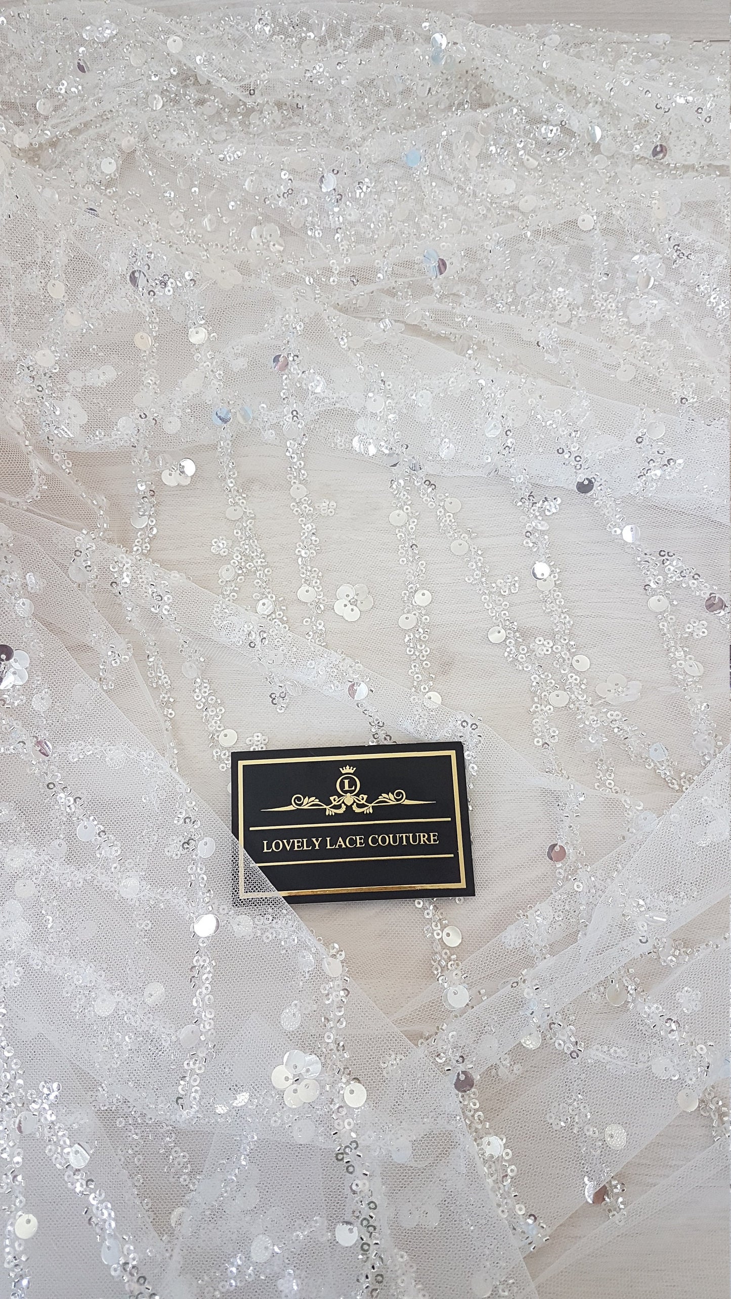 Gorgeous fabric in modern design, white tulle fabric with shiny sequins and beads in silver color, bridal tulle, wedding tulle LL-1147