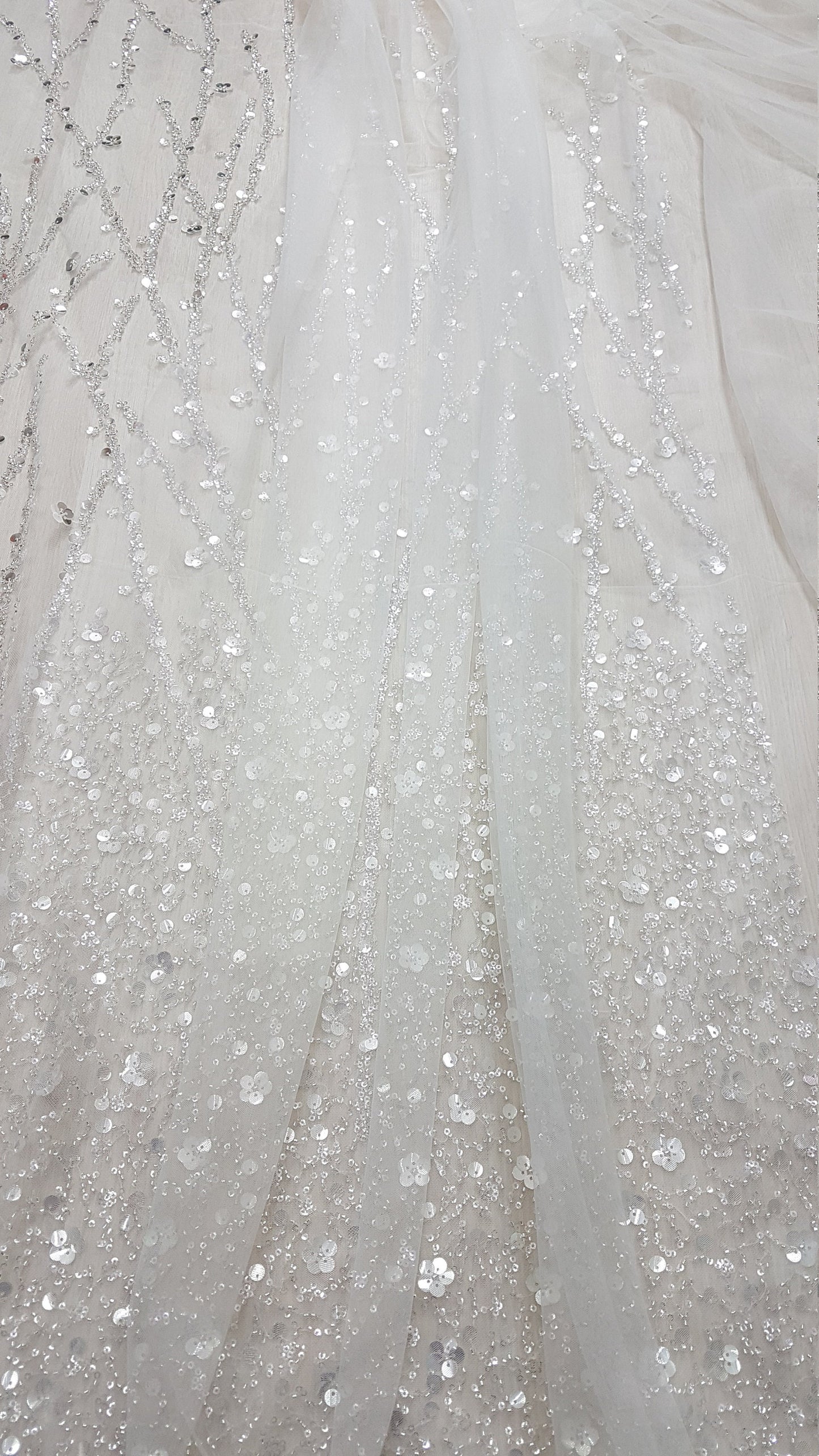 Gorgeous fabric in modern design, white tulle fabric with shiny sequins and beads in silver color, bridal tulle, wedding tulle LL-1147
