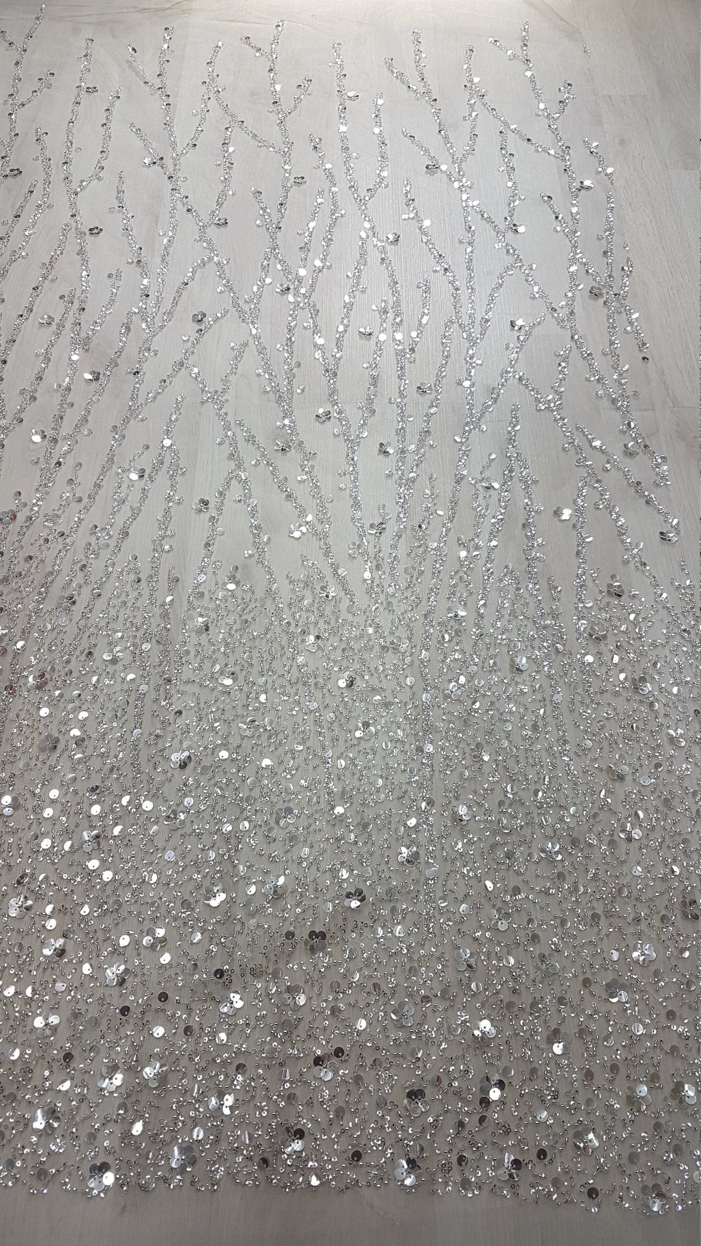 Gorgeous fabric in modern design, white tulle fabric with shiny sequins and beads in silver color, bridal tulle, wedding tulle LL-1147