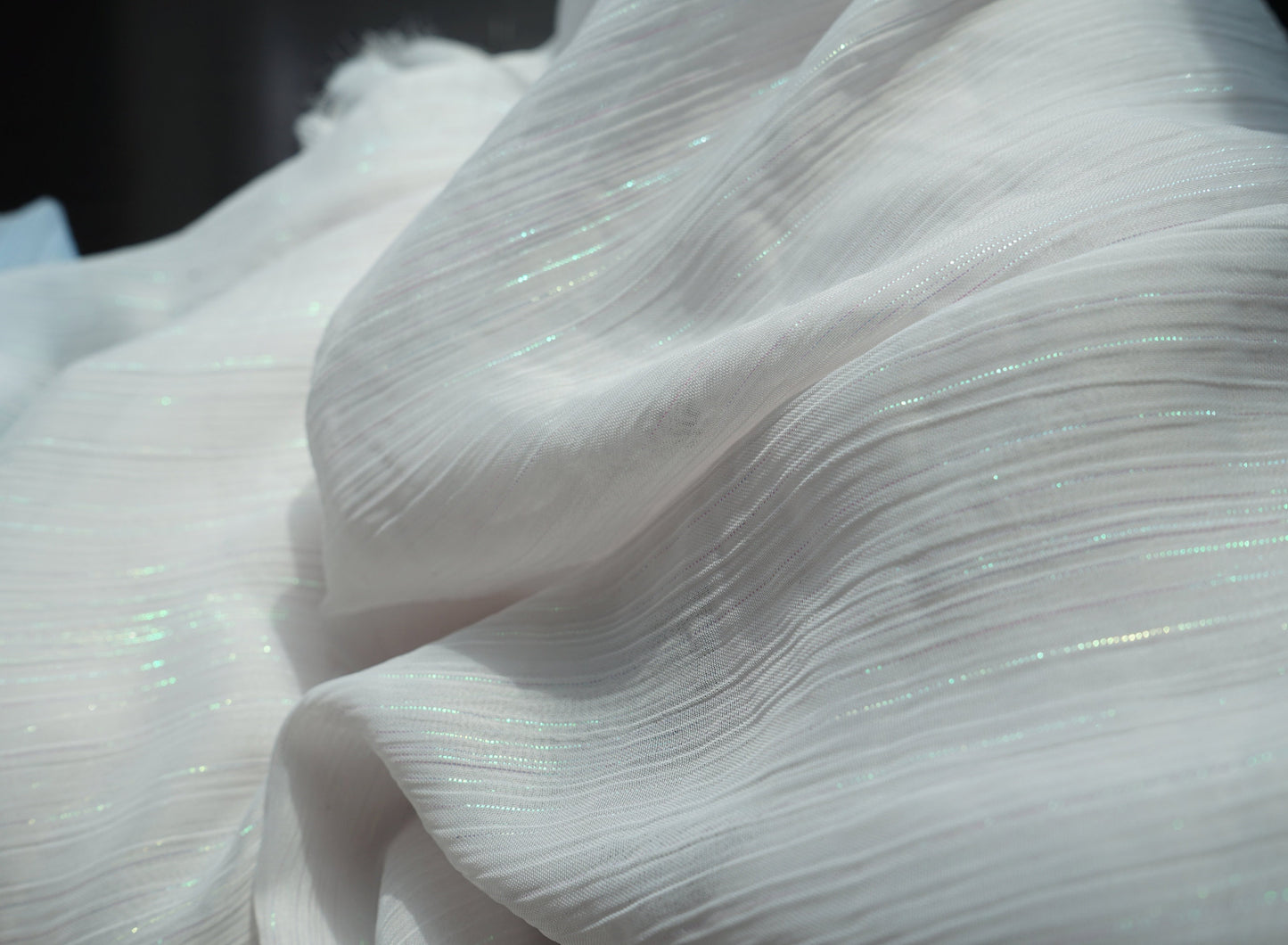 White Chiffon Fabric with sparkling stripes, high quality fabric, soft chiffon fabric for dresses, blouses or trousers LL-1172