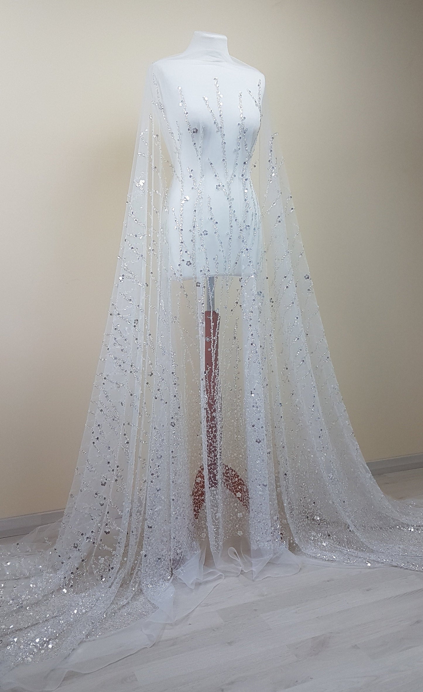 Gorgeous fabric in modern design, white tulle fabric with shiny sequins and beads in silver color, bridal tulle, wedding tulle LL-1147