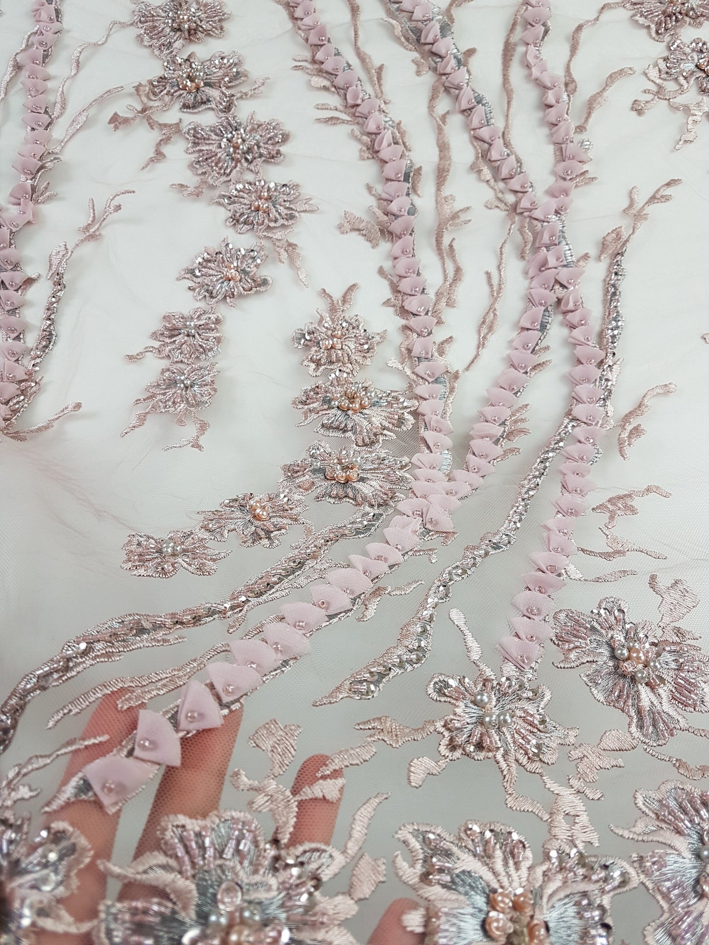 3D-Handbeaded Lace Fabric with Flowers, couture lace, bridal lace, evening dress fabric, embroidery fabric, Net lace LL-1294