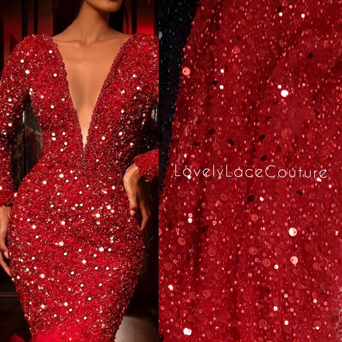 Beaded bridal lace fabric with big sequins in red, Pallas Couture Lace Fabric, luxurious beaded wedding dress lace, designer lace LL-1298