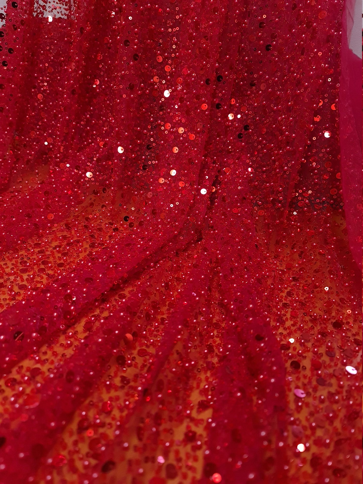 Beaded bridal lace fabric with big sequins in red, Pallas Couture Lace Fabric, luxurious beaded wedding dress lace, designer lace LL-1298