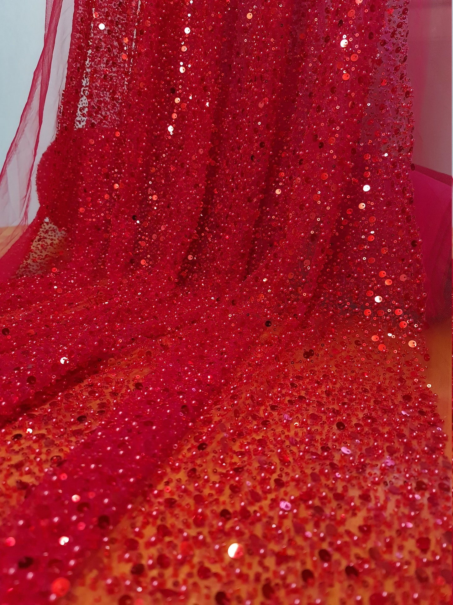 Beaded bridal lace fabric with big sequins in red, Pallas Couture Lace Fabric, luxurious beaded wedding dress lace, designer lace LL-1298