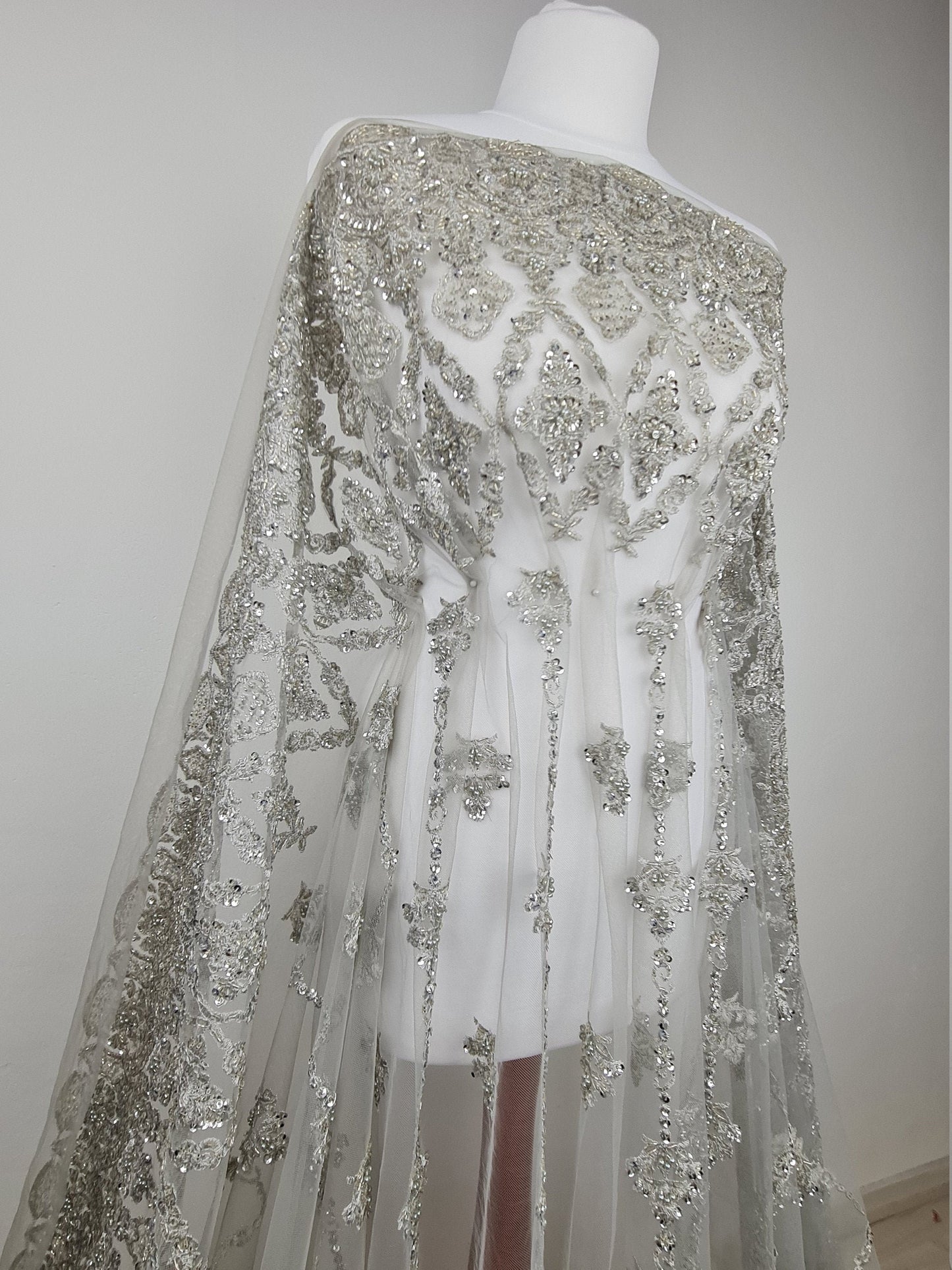 Splendid Handmade 3DLace Fabric for a Princess, beaded lace in silver color, wedding lace fabric, embroidered lace, bridal lace LL-1316