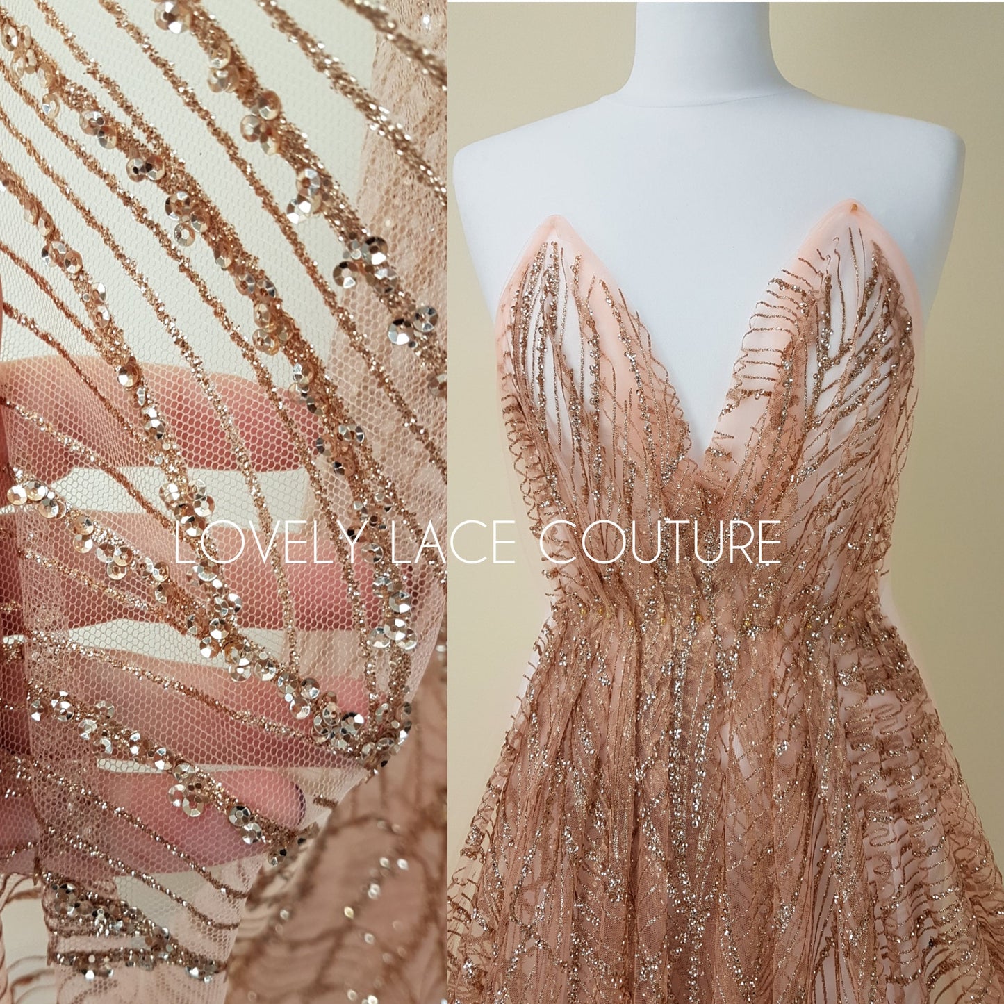 Glitter fabric with sequins in roségold, gold or blue color, net fabric with abstract design