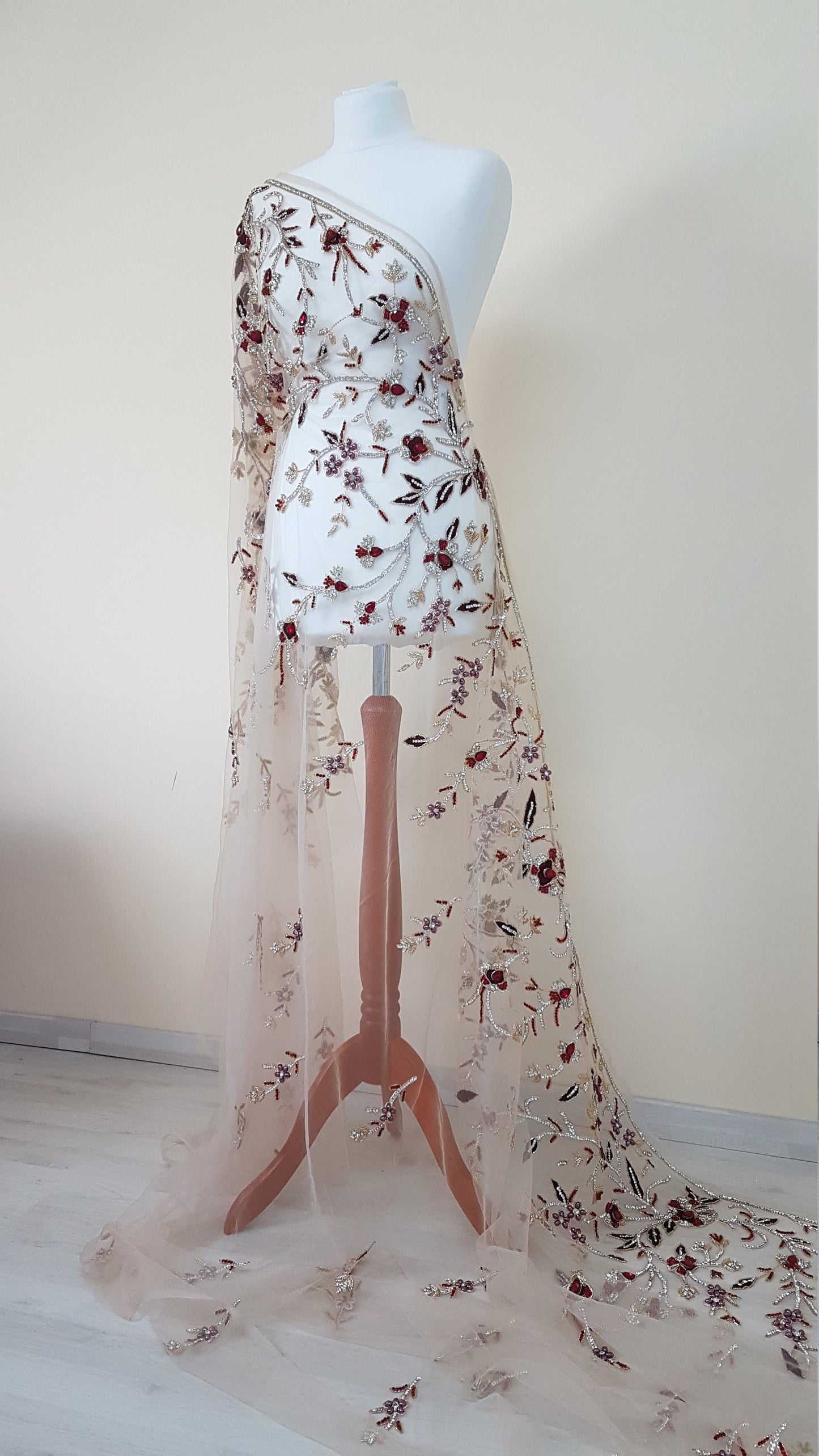 2 meter length, Stunning handmade lace fabric with fashionstones and rhinestones in red LL-1370 or purple color LL-1371