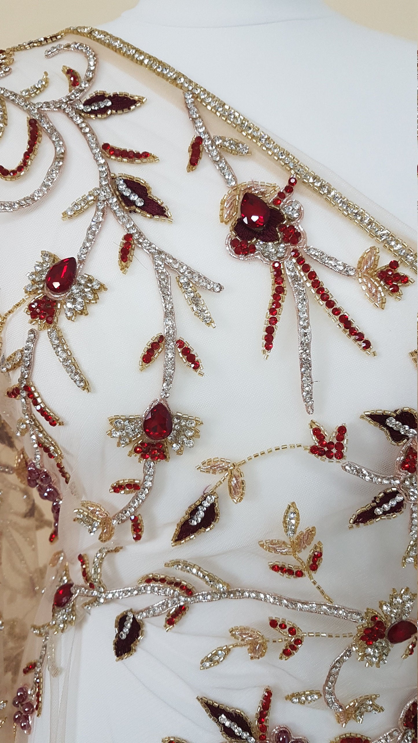 2 meter length, Stunning handmade lace fabric with fashionstones and rhinestones in red LL-1370 or purple color LL-1371