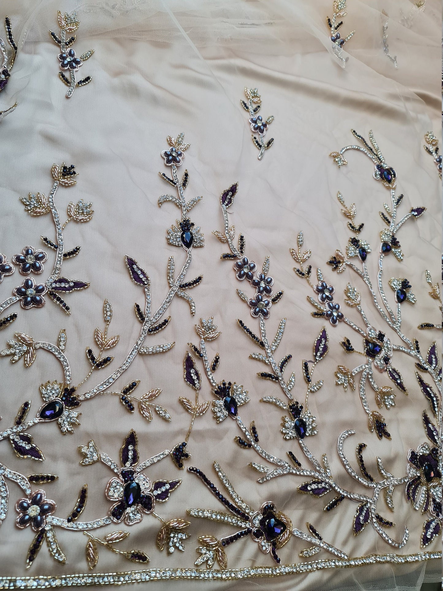 2 meter length, Stunning handmade lace fabric with fashionstones and rhinestones in red LL-1370 or purple color LL-1371