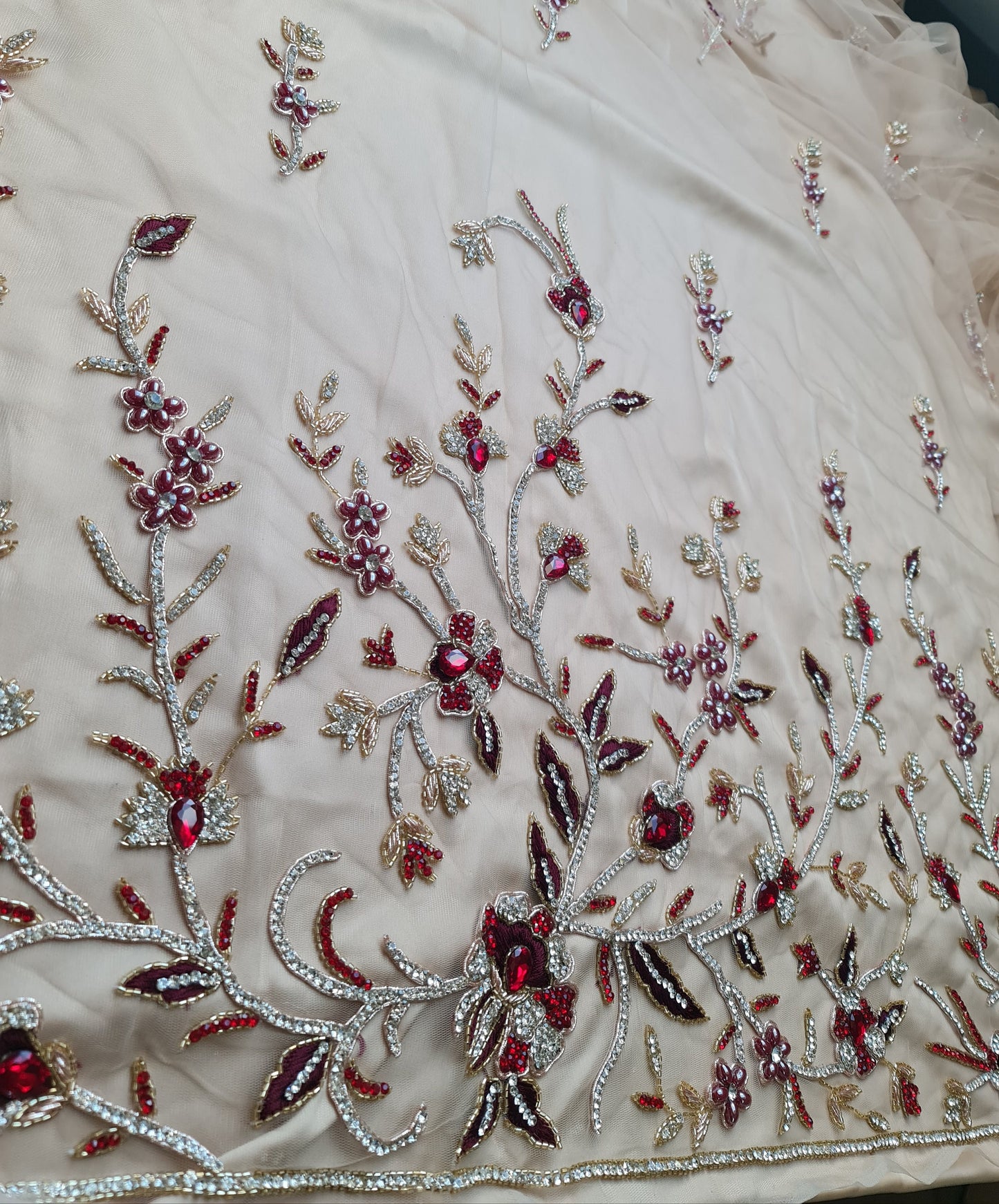 2 meter length, Stunning handmade lace fabric with fashionstones and rhinestones in red LL-1370 or purple color LL-1371