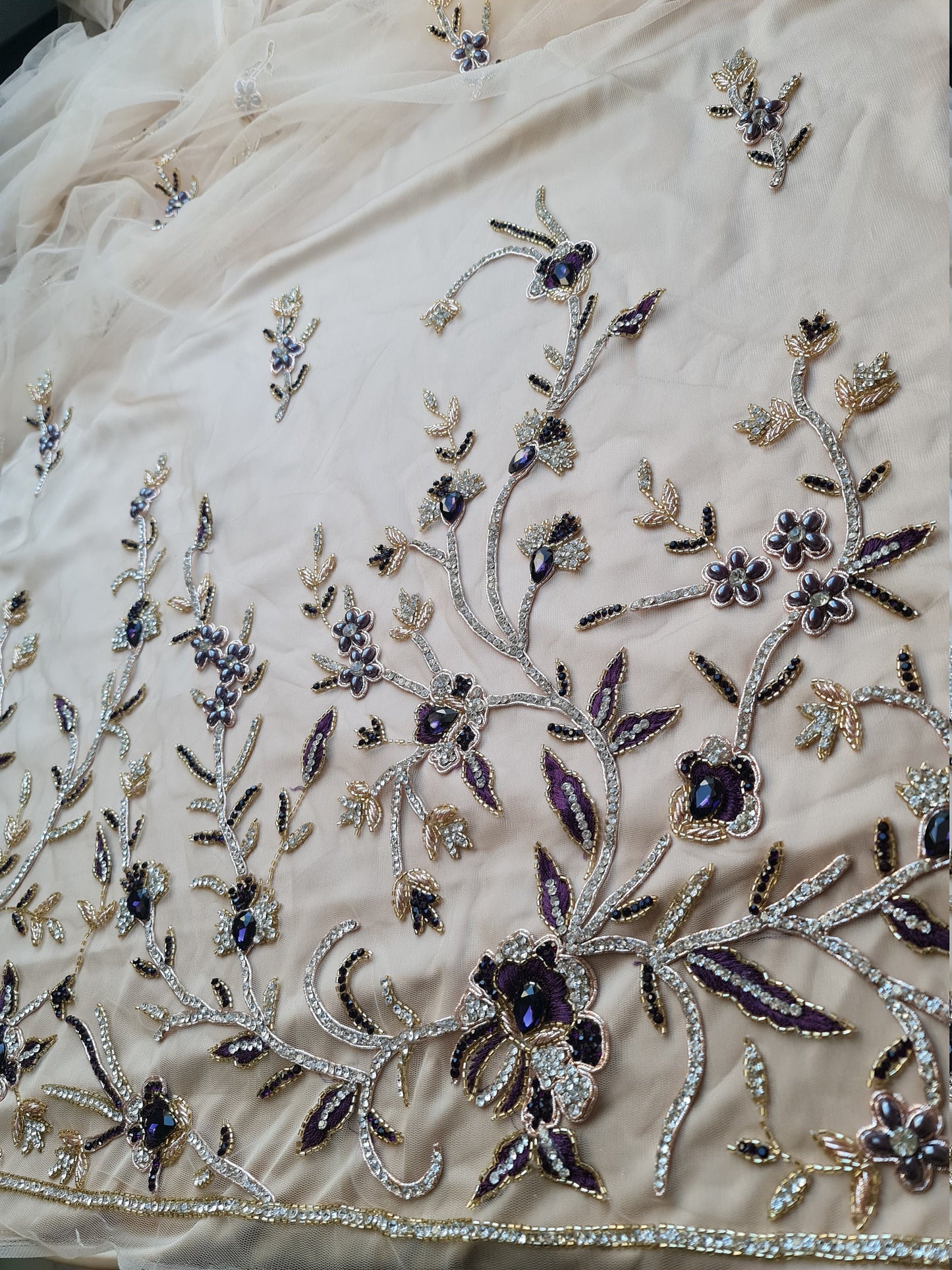2 meter length, Stunning handmade lace fabric with fashionstones and rhinestones in red LL-1370 or purple color LL-1371