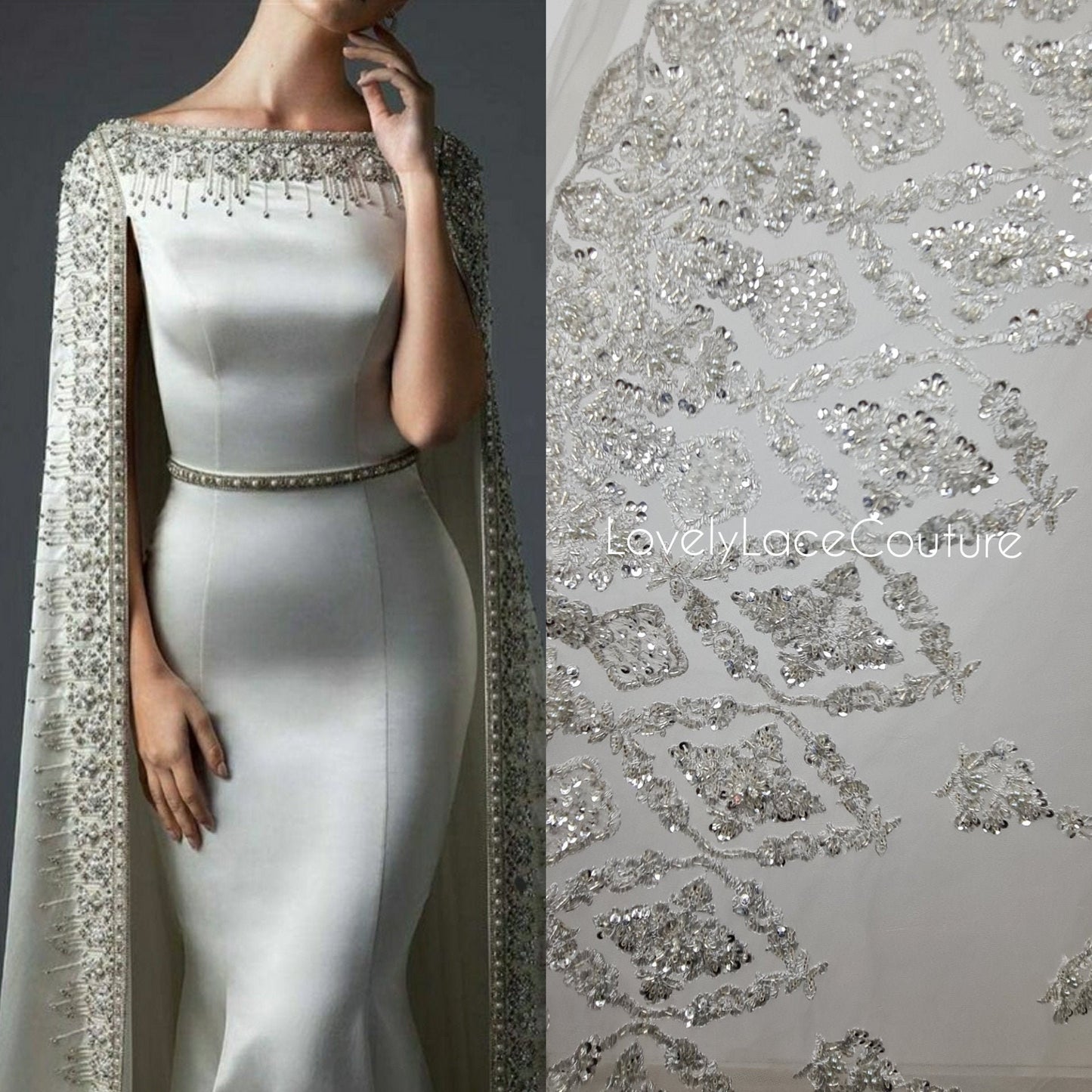 Splendid Handmade 3DLace Fabric for a Princess, beaded lace in silver color, wedding lace fabric, embroidered lace, bridal lace LL-1316