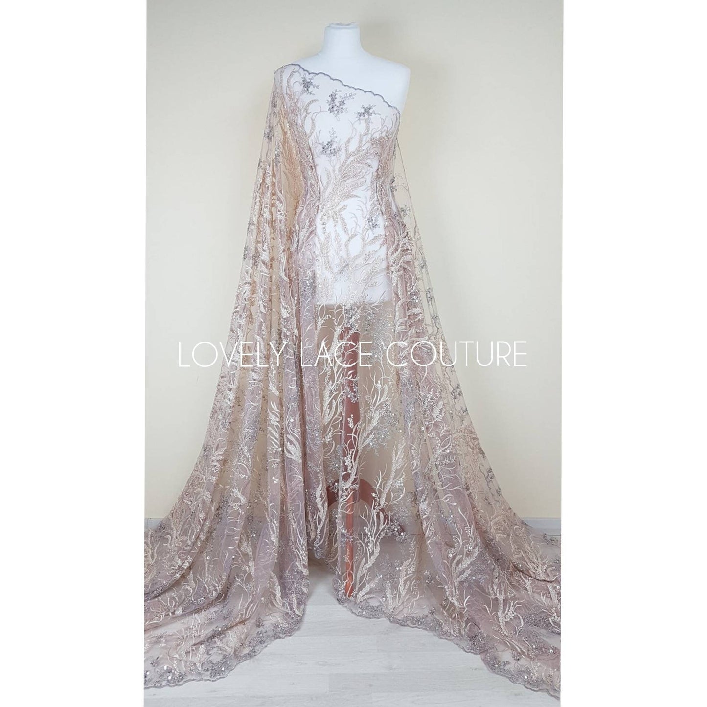 Wonderful 3D-Lace fabric with abstract desgin, Colored bridal lace, Wedding Lace Fabric, Embroidered lace in rosé-beige-silver color LL-1334