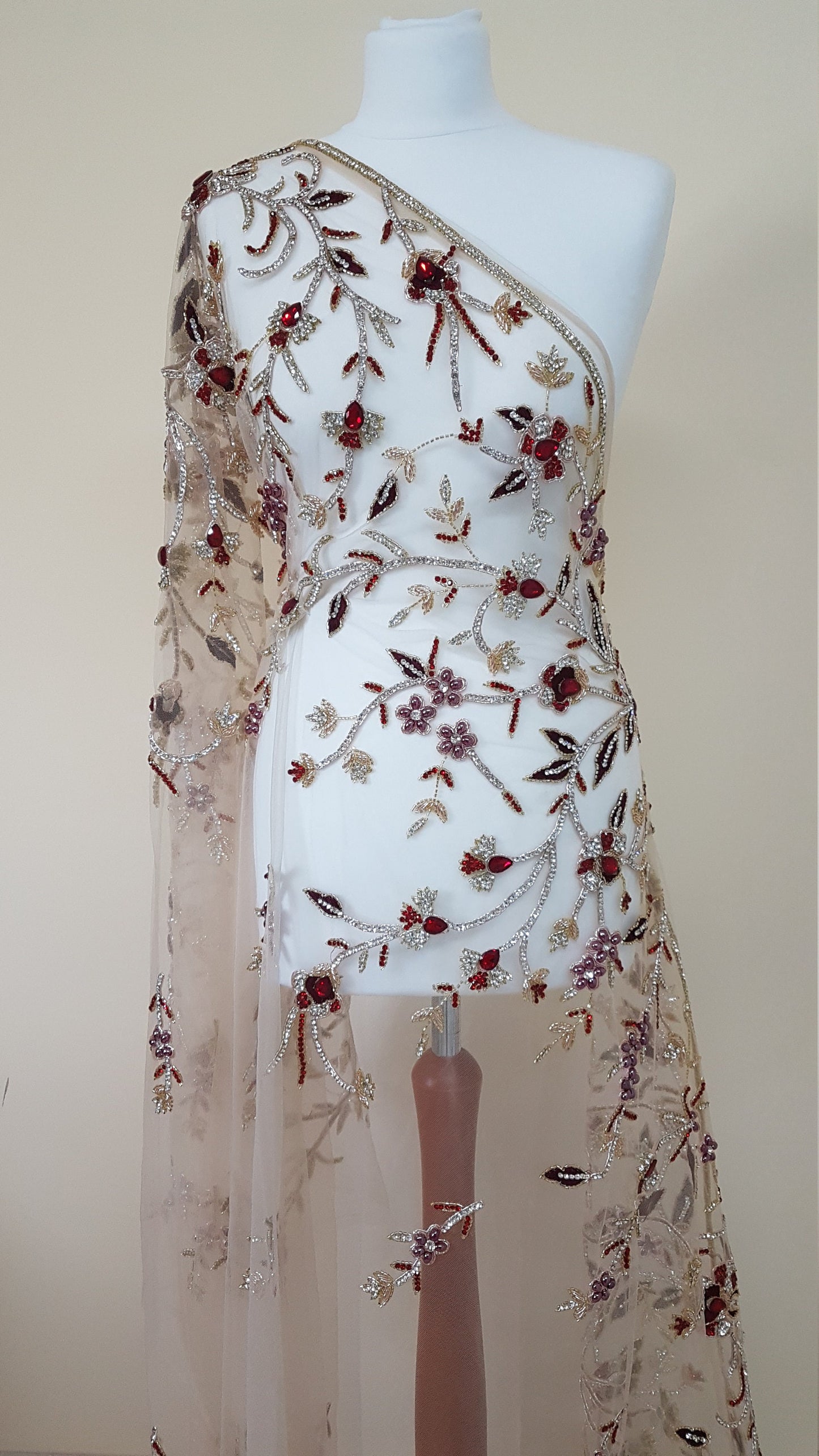 2 meter length, Stunning handmade lace fabric with fashionstones and rhinestones in red LL-1370 or purple color LL-1371