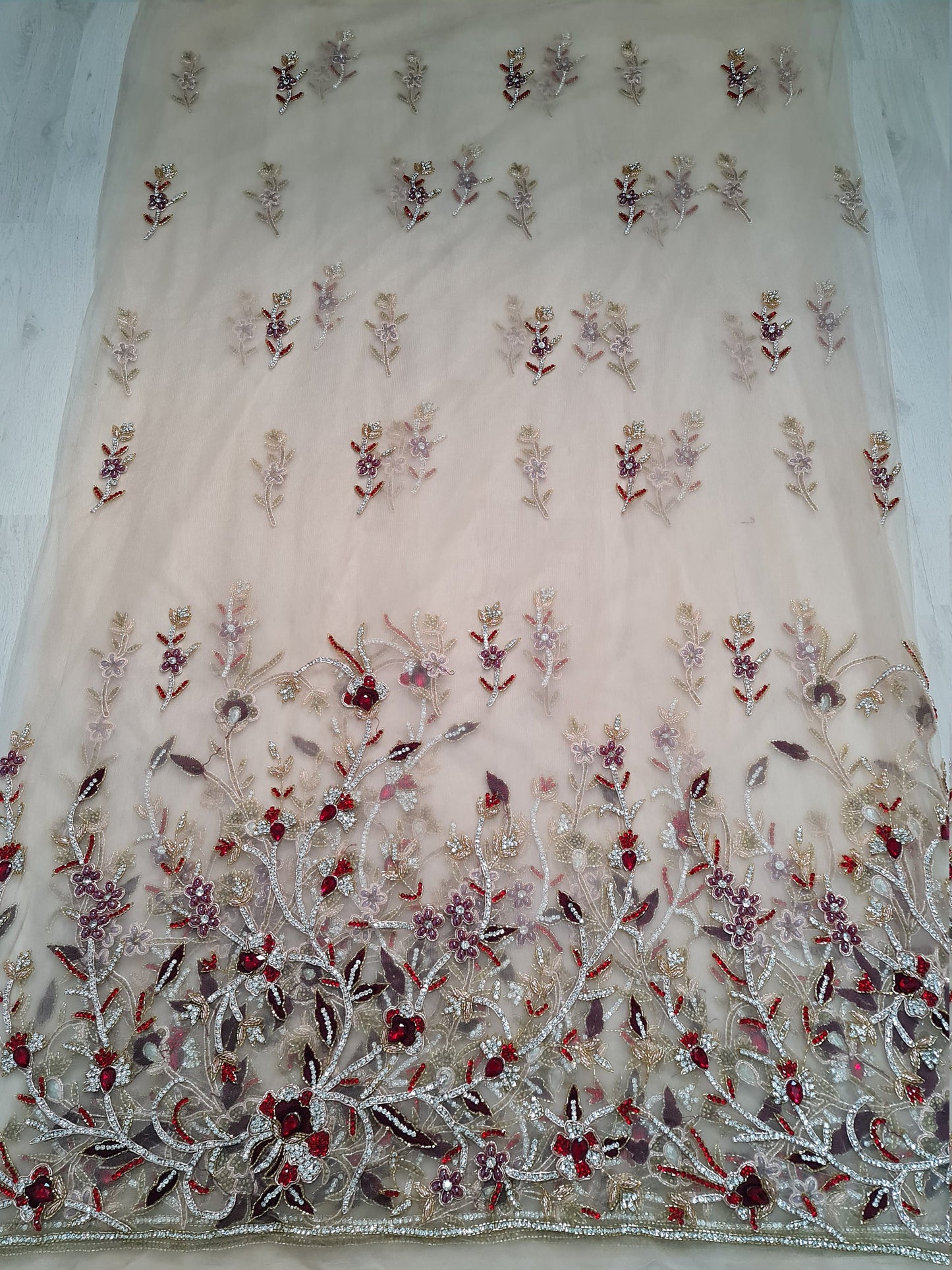2 meter length, Stunning handmade lace fabric with fashionstones and rhinestones in red LL-1370 or purple color LL-1371
