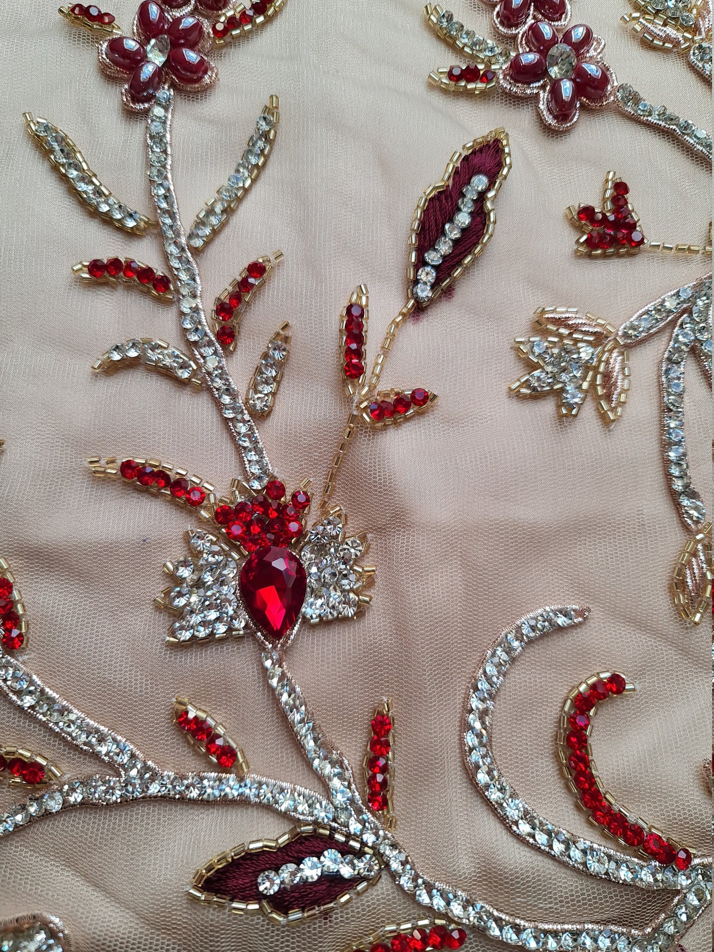 2 meter length, Stunning handmade lace fabric with fashionstones and rhinestones in red LL-1370 or purple color LL-1371