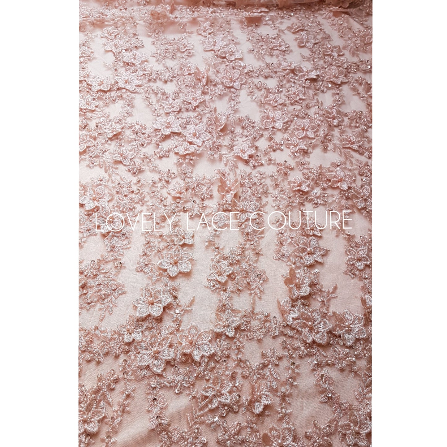 Gorgeous Lace fabric with 3D-Flowers in lovely rosé color, allover design, fabric per metre, LL-1331
