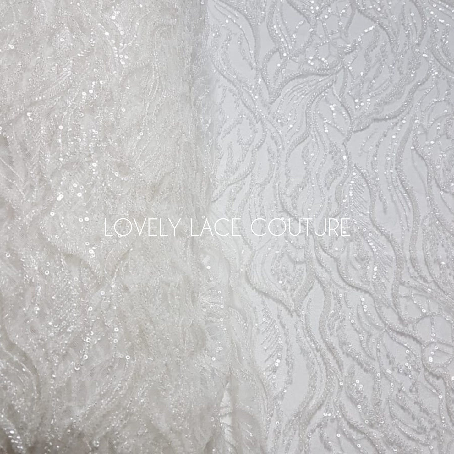 LL-1374, luxurious bridal lace fabric with modern abstract wave pattern in off-white color, starts at 0,5Meter