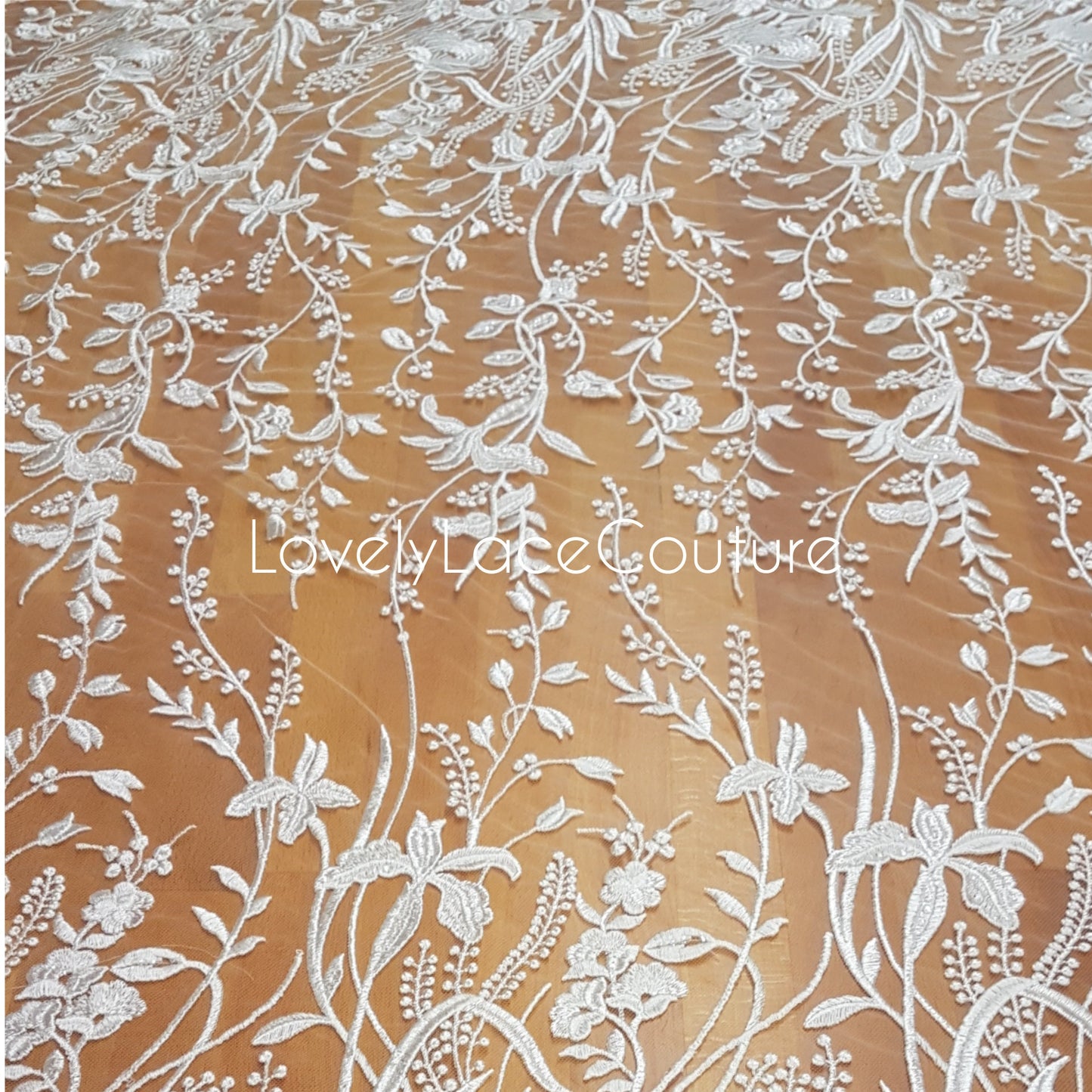 Lace for gown, floral lace fabric with transparent sequins in white color, per metre, Flower wedding lace LL-1379