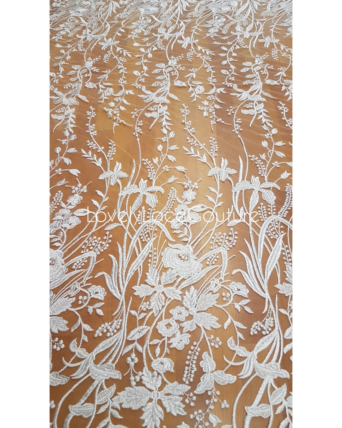 Lace for gown, floral lace fabric with transparent sequins in white color, per metre, Flower wedding lace LL-1379