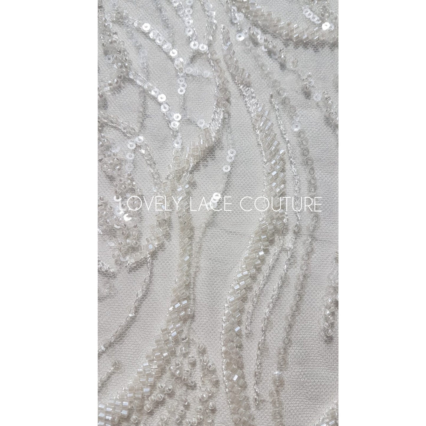 LL-1374, luxurious bridal lace fabric with modern abstract wave pattern in off-white color, starts at 0,5Meter