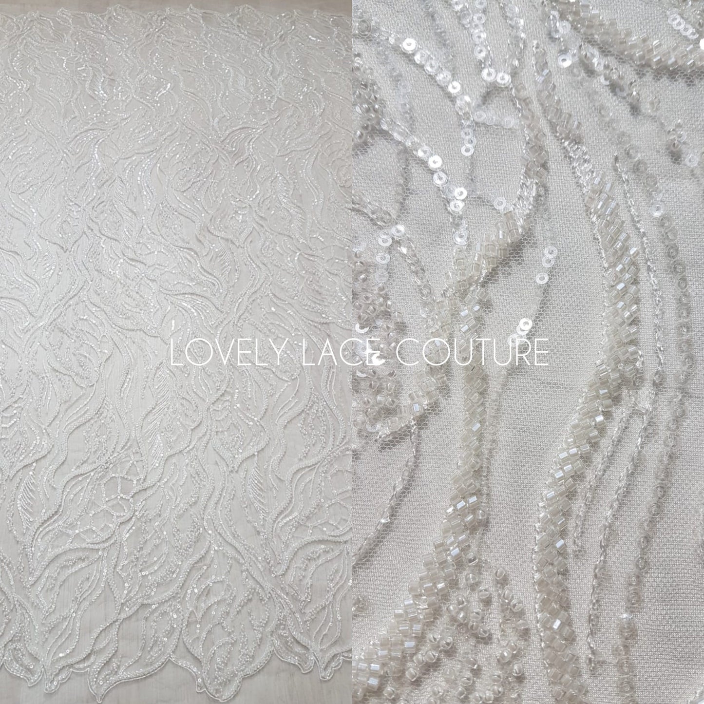 LL-1374, luxurious bridal lace fabric with modern abstract wave pattern in off-white color, starts at 0,5Meter