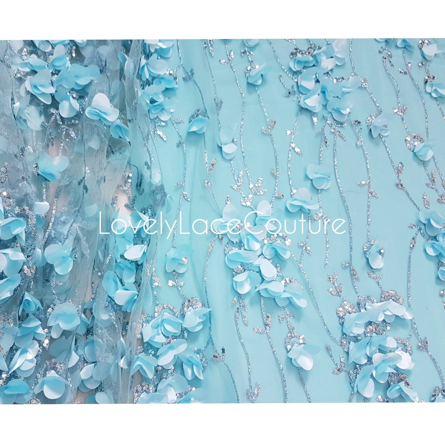 Rosegold and Blue glitter fabric with Flowers and sequins, net fabric in rose LL-1377 or blue LL-1378 color with floral design
