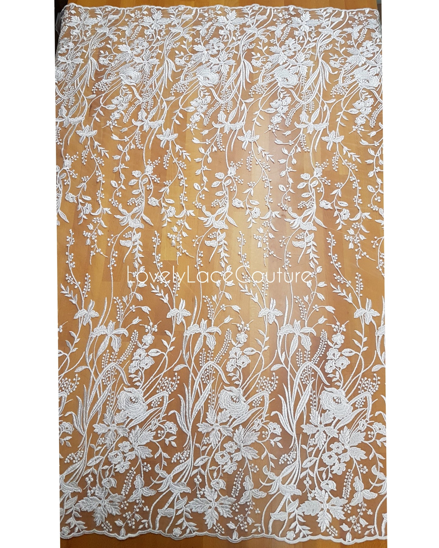 Lace for gown, floral lace fabric with transparent sequins in white color, per metre, Flower wedding lace LL-1379