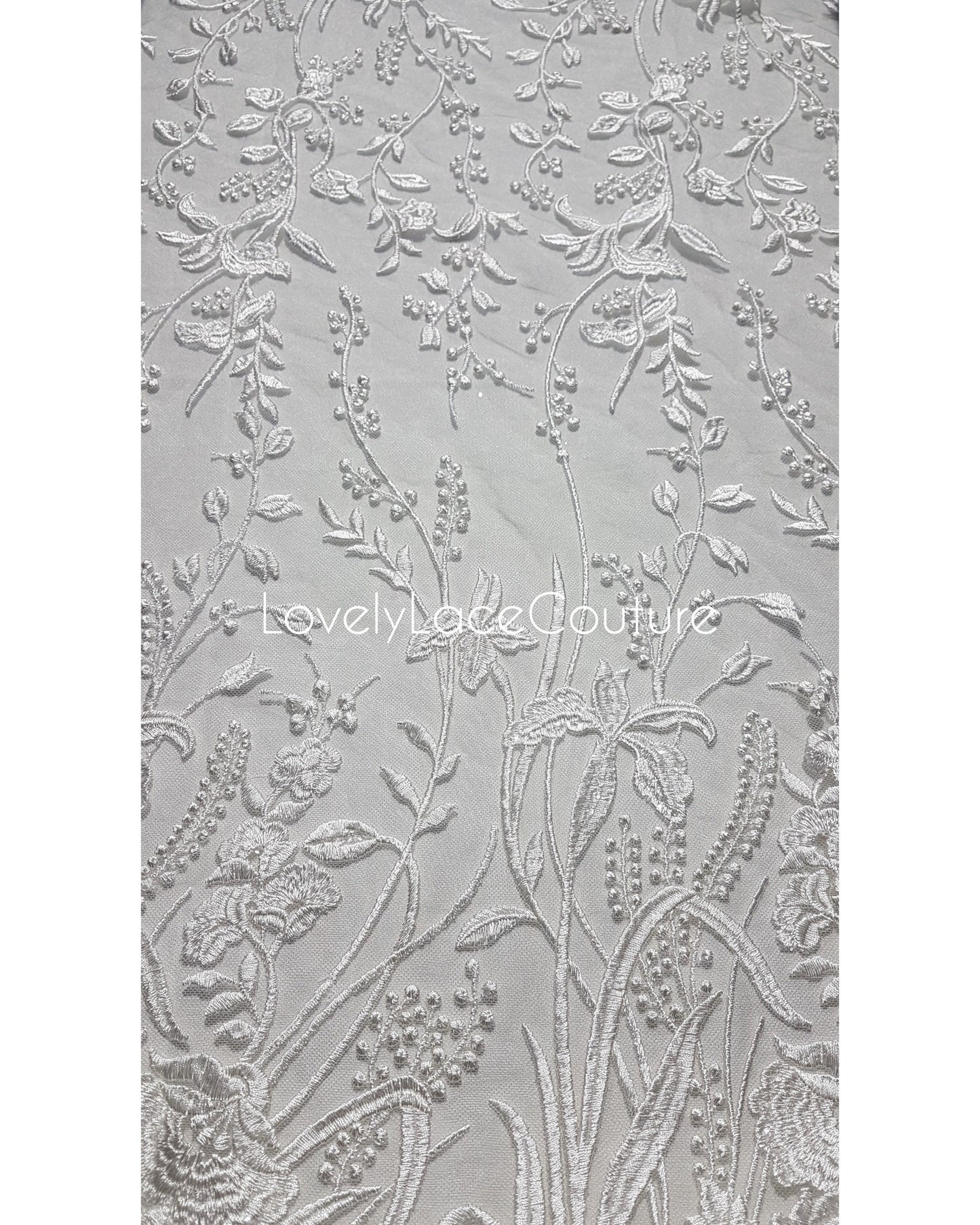 Lace for gown, floral lace fabric with transparent sequins in white color, per metre, Flower wedding lace LL-1379