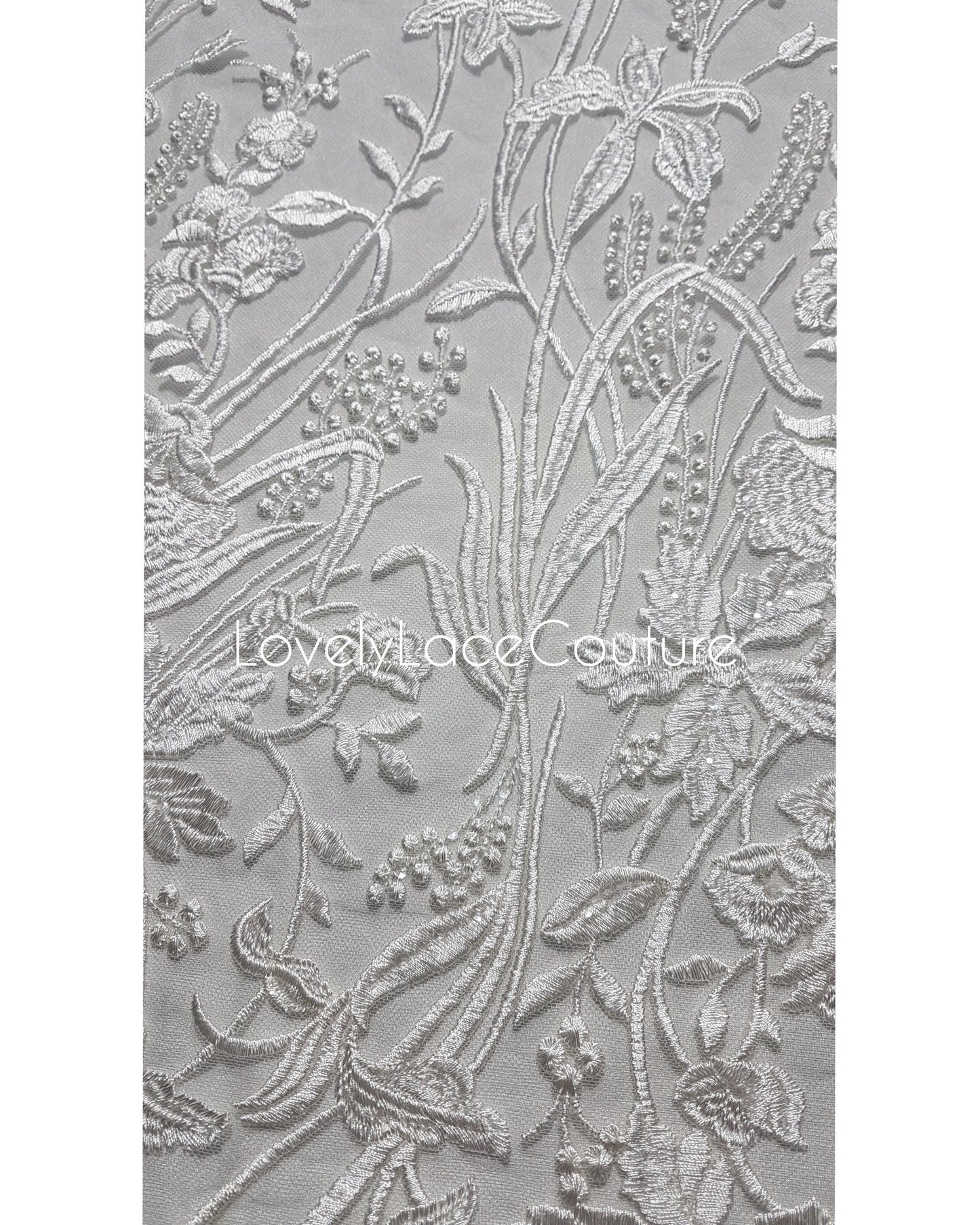 Lace for gown, floral lace fabric with transparent sequins in white color, per metre, Flower wedding lace LL-1379