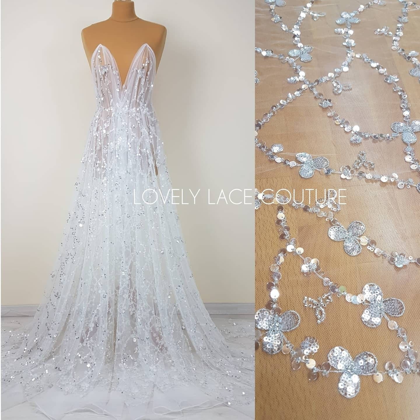 Abstract flower bridal lace fabric with big crystal sequins, Couture Lace Fabric, lovely beaded wedding dress lace, designer lace LL-1380