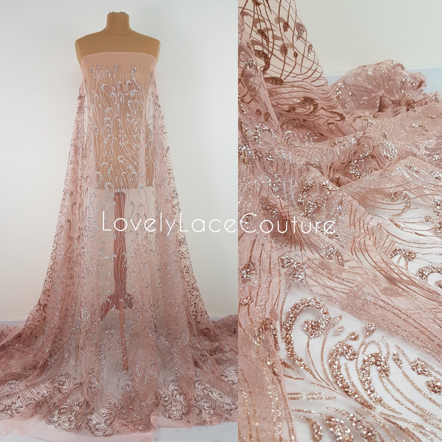 Glitter Stoff mit Pailletten in roségold LL-1391 oder silber LL-1392, Netzstoff mit Glitter im abstraktem Design