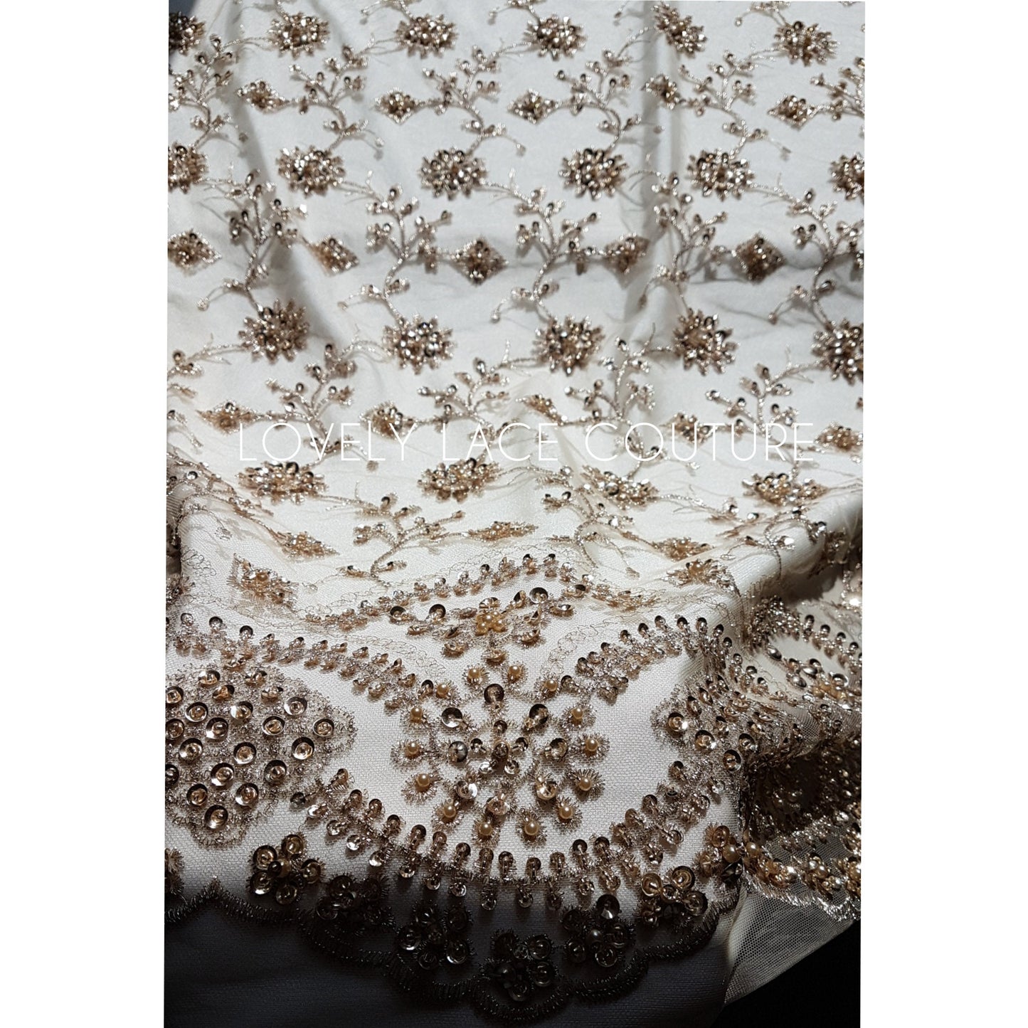 Rare handmade lace fabric in gold color with embroidery on fabric, fabric by the yard or in metre, fabric store, african fabric lace LL-1393
