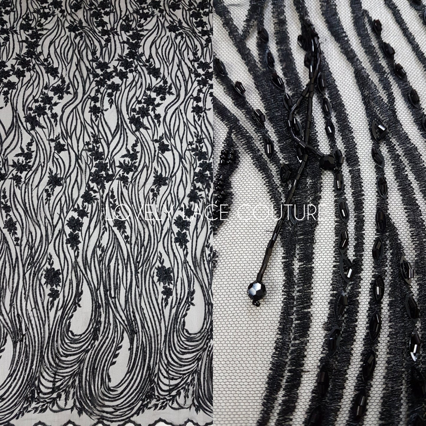 Modern Lace fabric with abstract flower design, black bridal lace, Wedding Lace Fabric, Embroidered lace in dramatic black color LL-1337