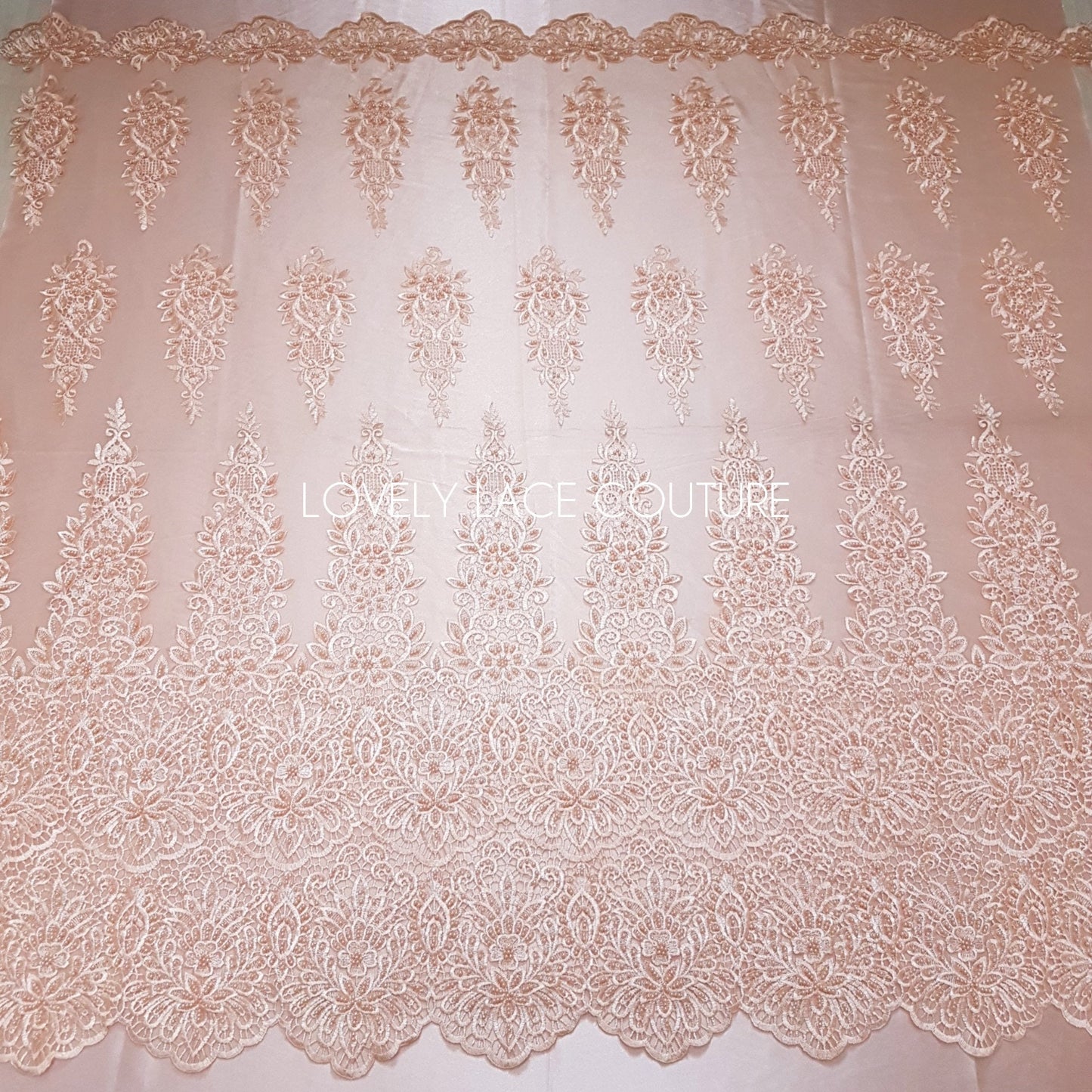 Beaded bridal lace fabric in peach color, Couture Lace Fabric, wedding dress lace, designer lace, ornamental flower lace per yard LL-1428