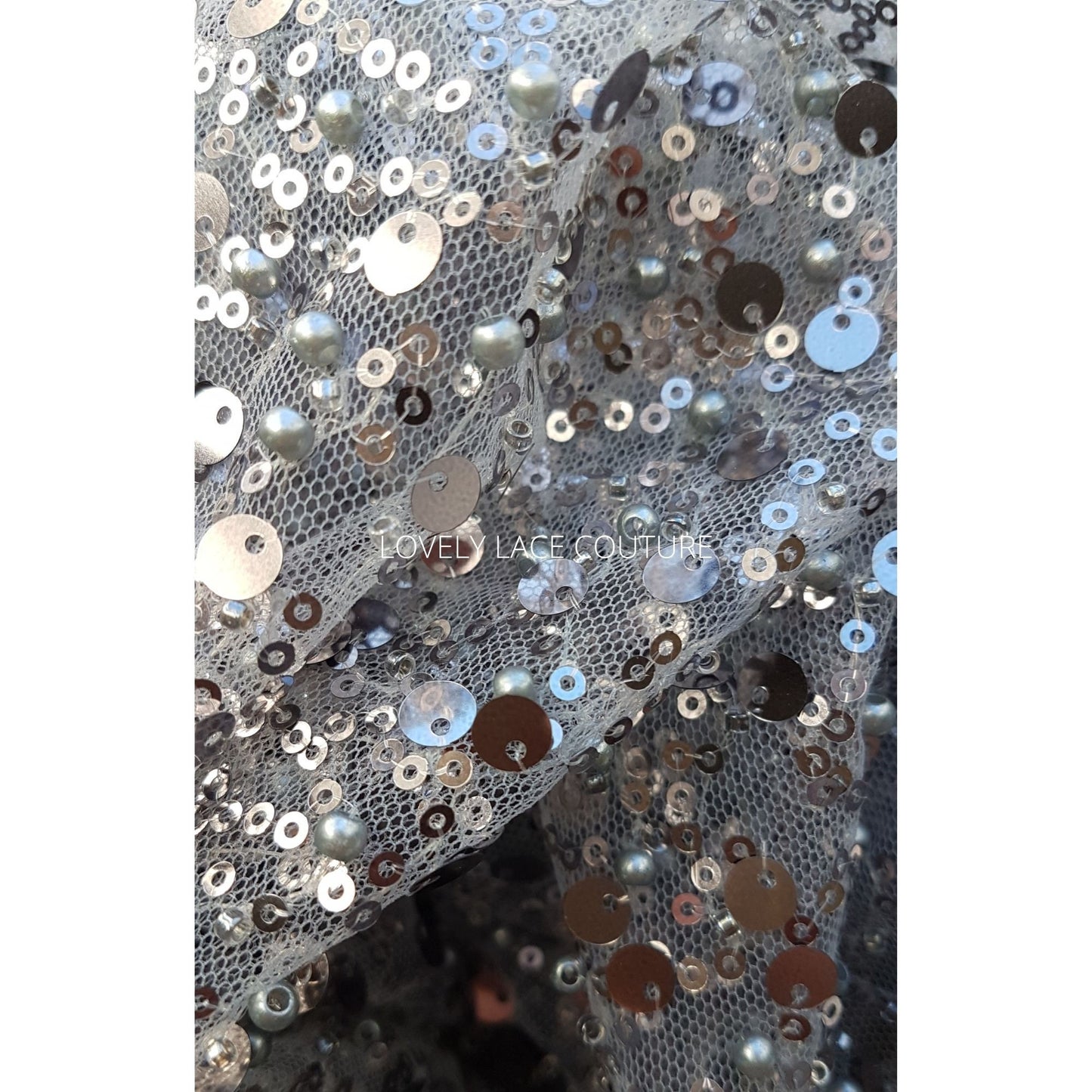 Beaded bridal lace fabric with big sequins in grey, Pallas Couture Lace Fabric, luxurious beaded wedding dress lace, designer lace LL-1440