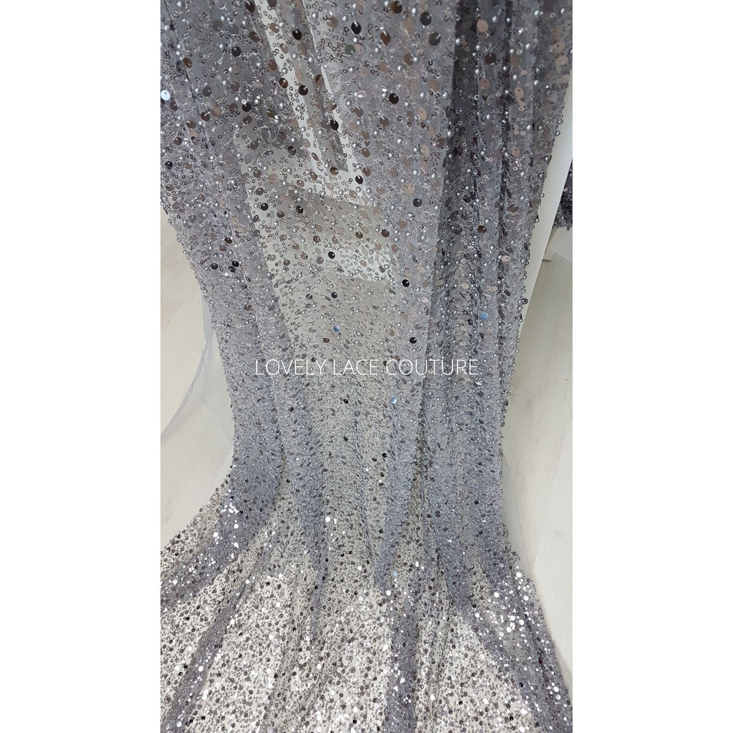 Beaded bridal lace fabric with big sequins in grey, Pallas Couture Lace Fabric, luxurious beaded wedding dress lace, designer lace LL-1440