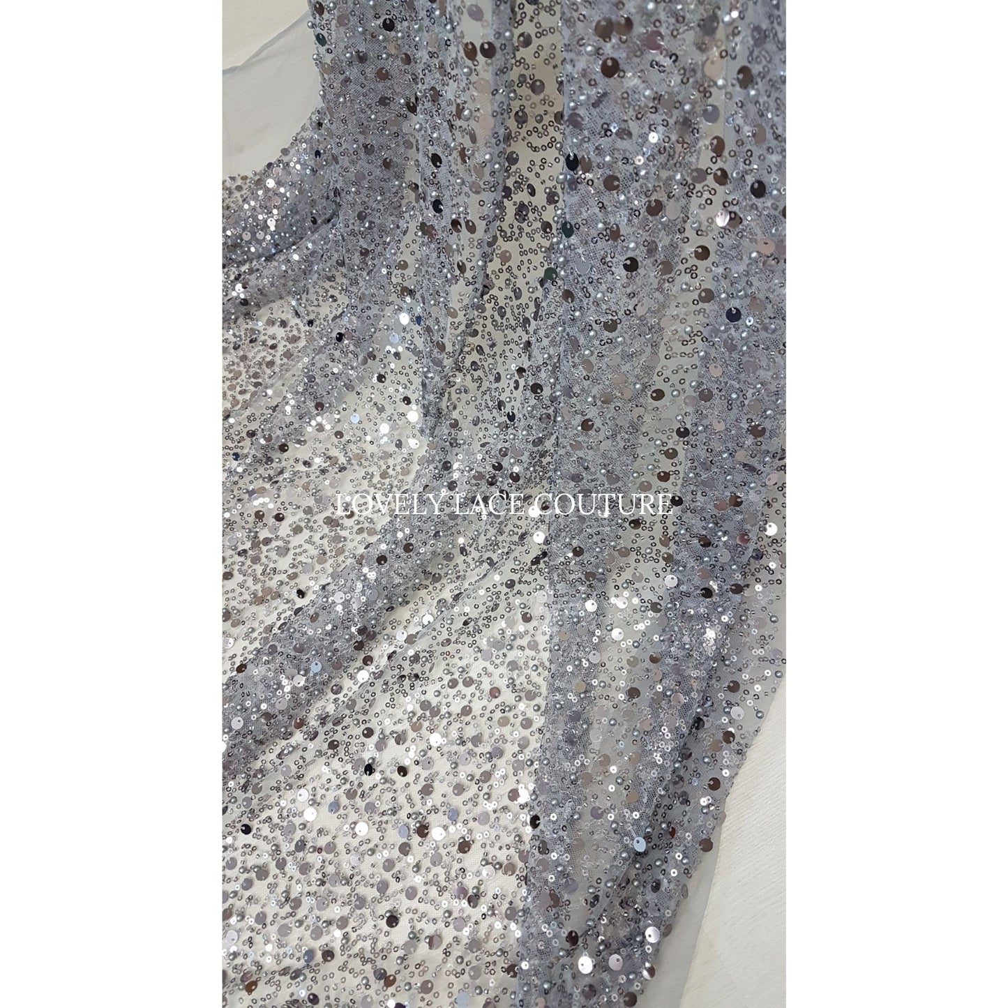 Beaded bridal lace fabric with big sequins in grey, Pallas Couture Lace Fabric, luxurious beaded wedding dress lace, designer lace LL-1440