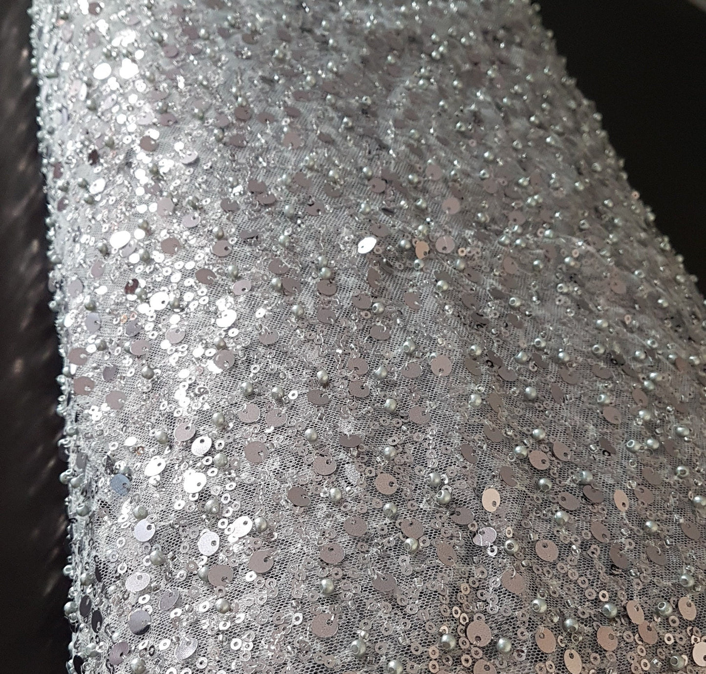 Beaded bridal lace fabric with big sequins in grey, Pallas Couture Lace Fabric, luxurious beaded wedding dress lace, designer lace LL-1440