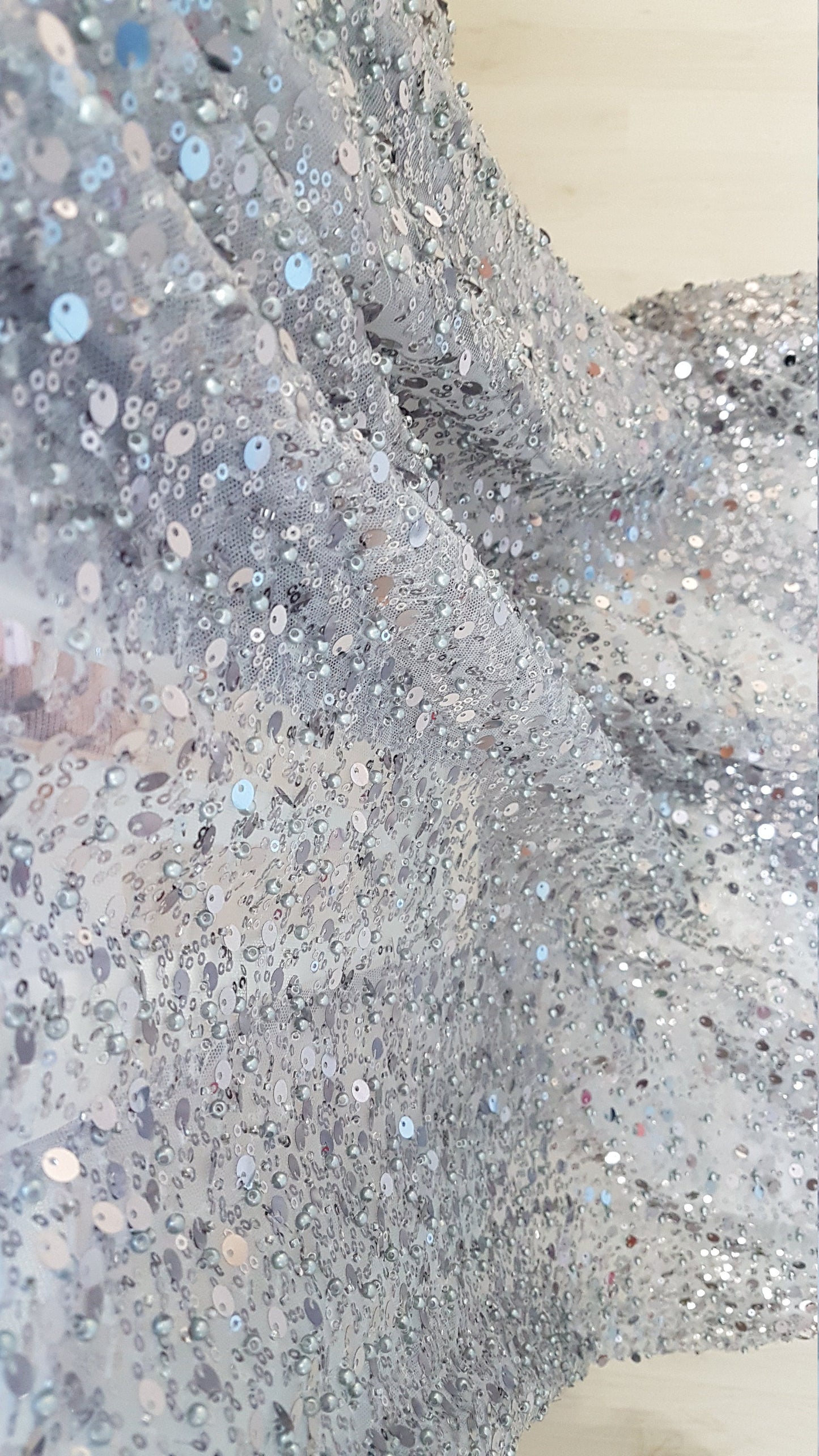 Beaded bridal lace fabric with big sequins in grey, Pallas Couture Lace Fabric, luxurious beaded wedding dress lace, designer lace LL-1440