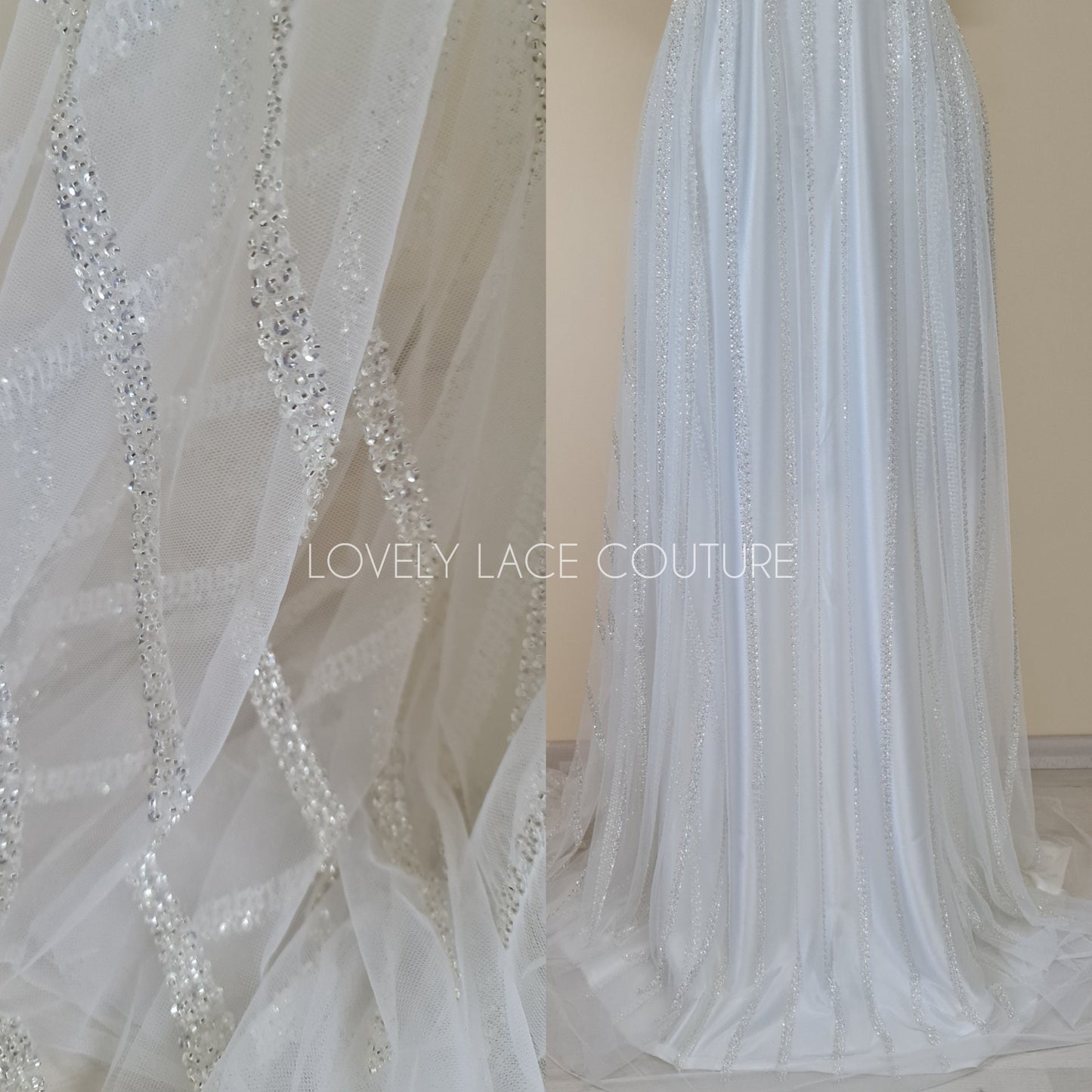 Beautiful modern lace fabric with beads and sequins in white color, bridal lace by yards, Couture Lace Fabric, wedding dress lace LL-1435