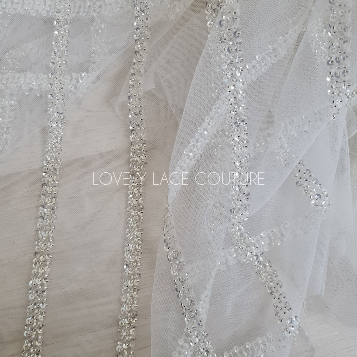 Beautiful modern lace fabric with beads and sequins in white color, bridal lace by yards, Couture Lace Fabric, wedding dress lace LL-1435