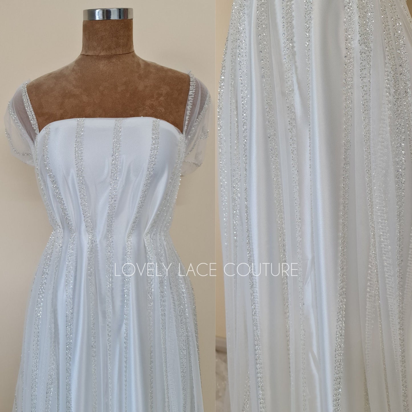 Beautiful modern lace fabric with beads and sequins in white color, bridal lace by yards, Couture Lace Fabric, wedding dress lace LL-1435